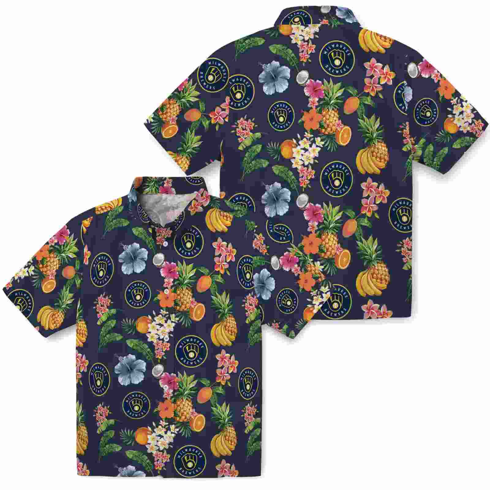 milwaukee brewers hibiscus and fruit navy blue hawaiian shirt high quality