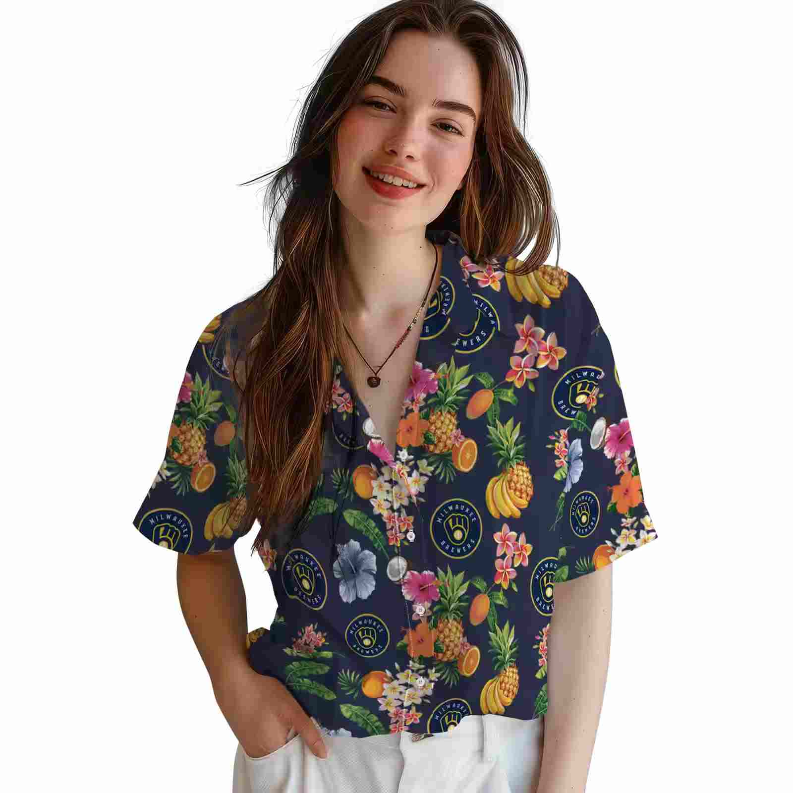 milwaukee brewers hibiscus and fruit navy blue hawaiian shirt latest model