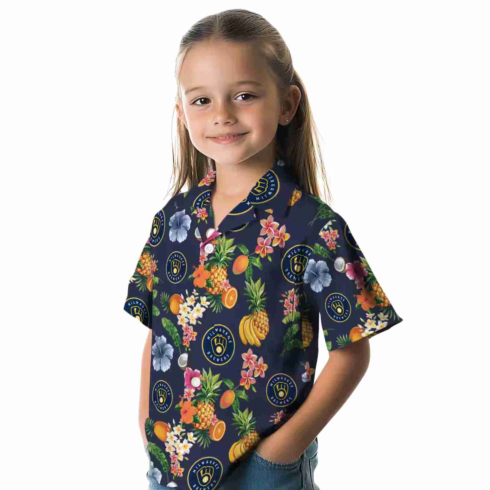 milwaukee brewers hibiscus and fruit navy blue hawaiian shirt premium grade