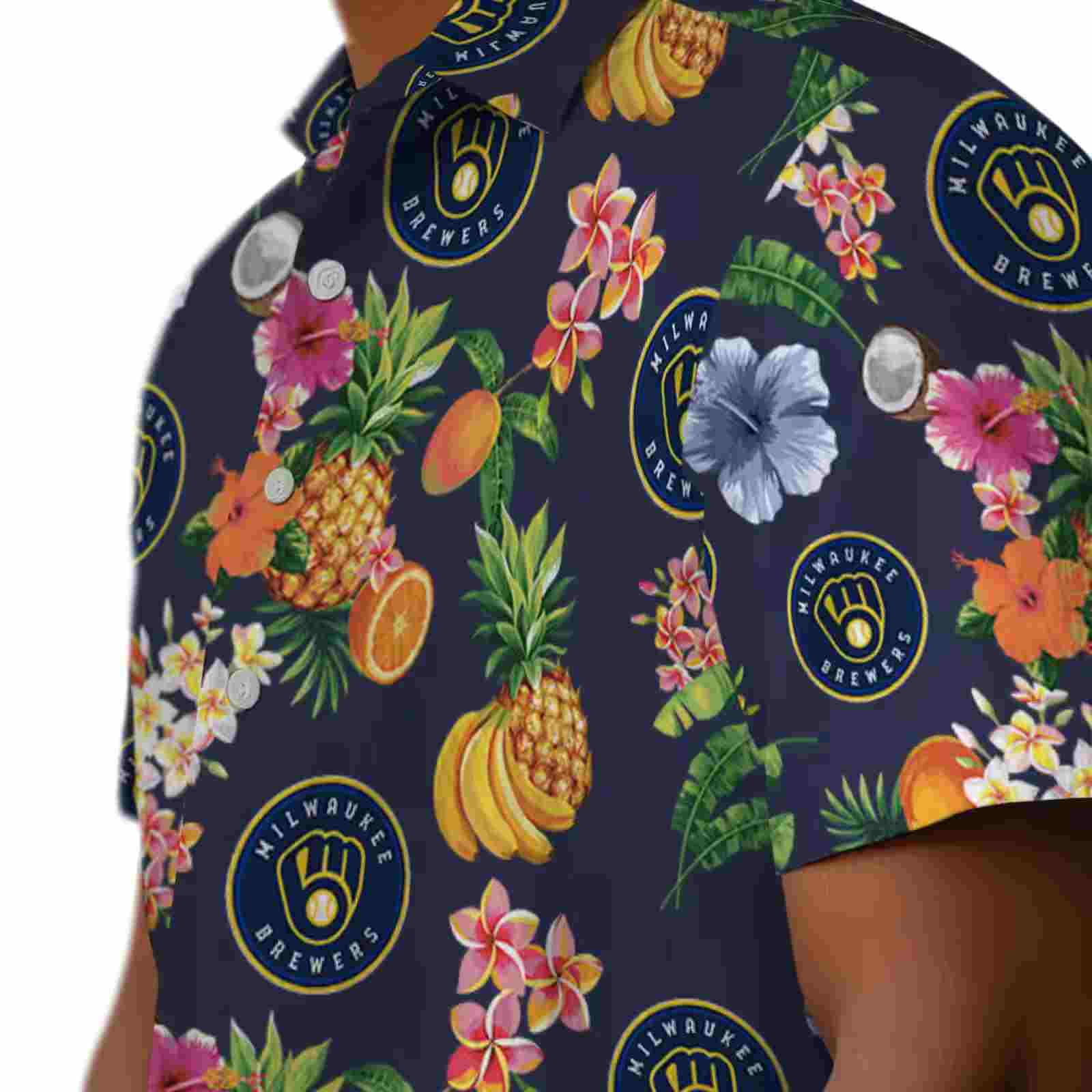 milwaukee brewers hibiscus and fruit navy blue hawaiian shirt trendy