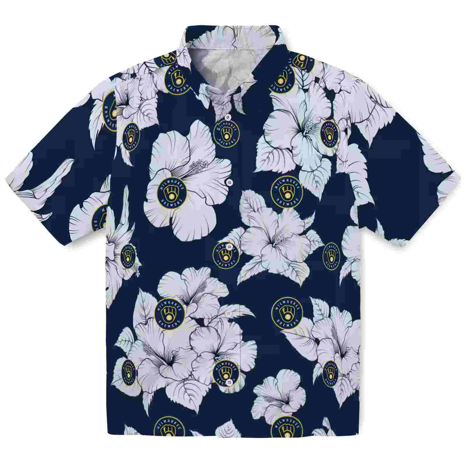 Milwaukee Brewers Hibiscus Blooms Navy Blue White Hawaiian Shirt