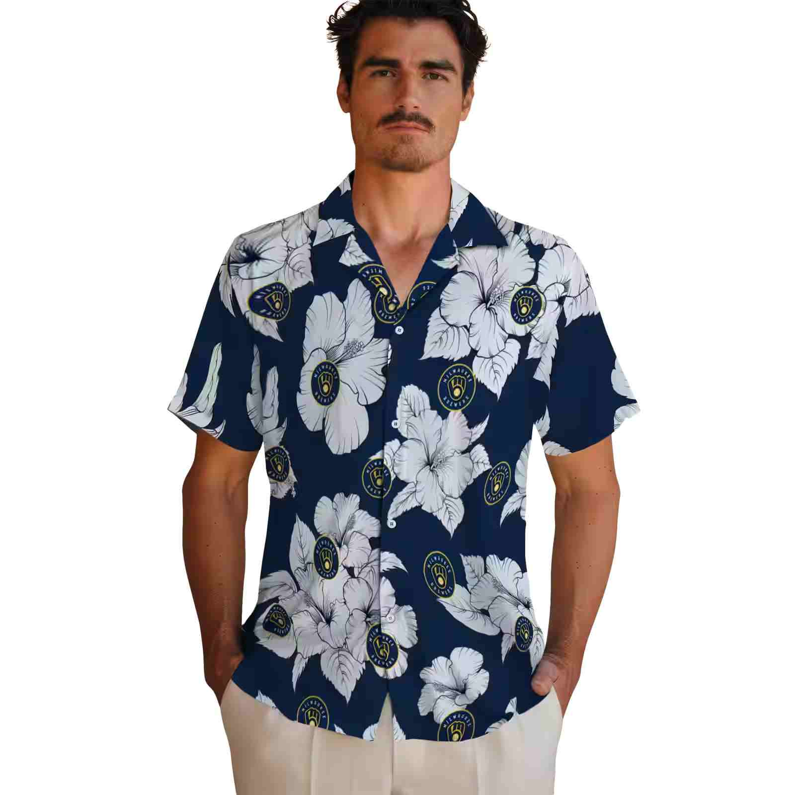 milwaukee brewers hibiscus blooms navy blue white hawaiian shirt fashion forward