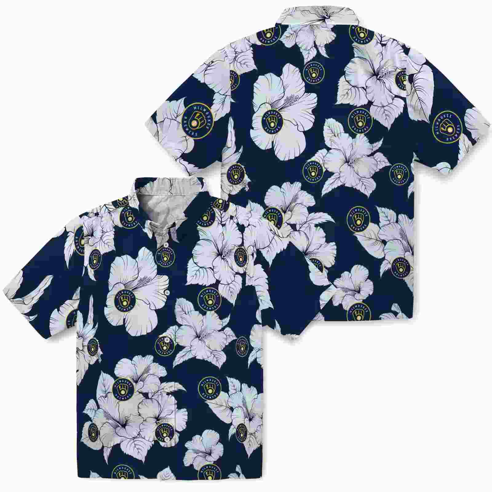 milwaukee brewers hibiscus blooms navy blue white hawaiian shirt high quality