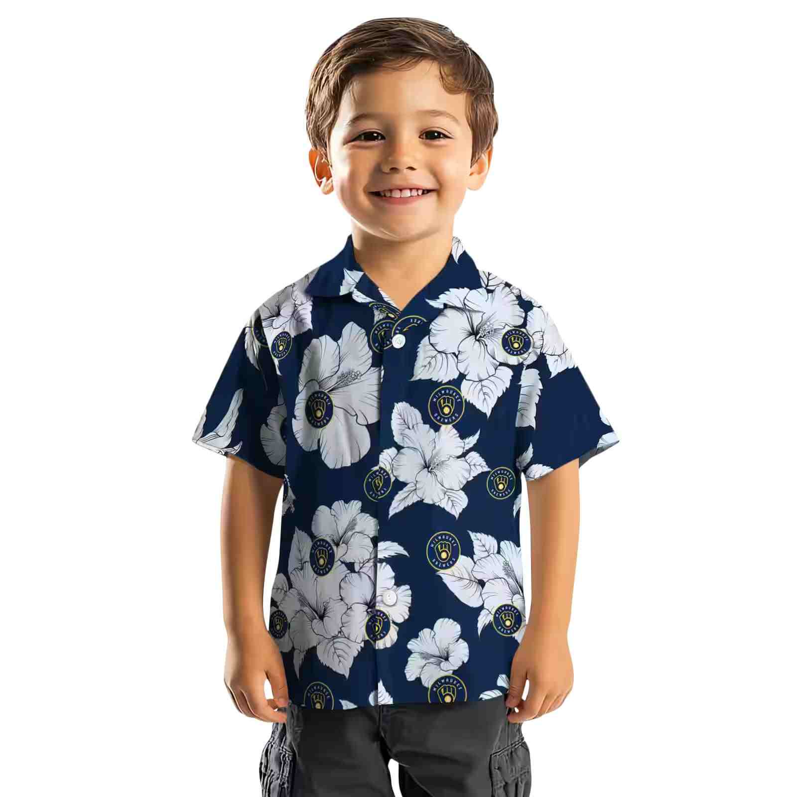 milwaukee brewers hibiscus blooms navy blue white hawaiian shirt top rated