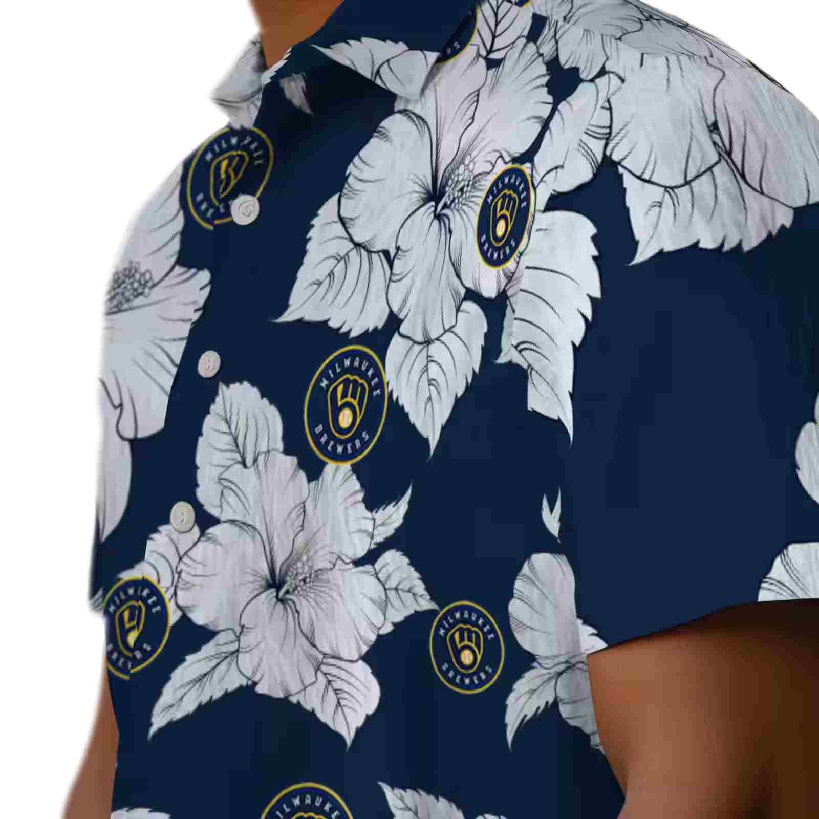 milwaukee brewers hibiscus blooms navy blue white hawaiian shirt trendy