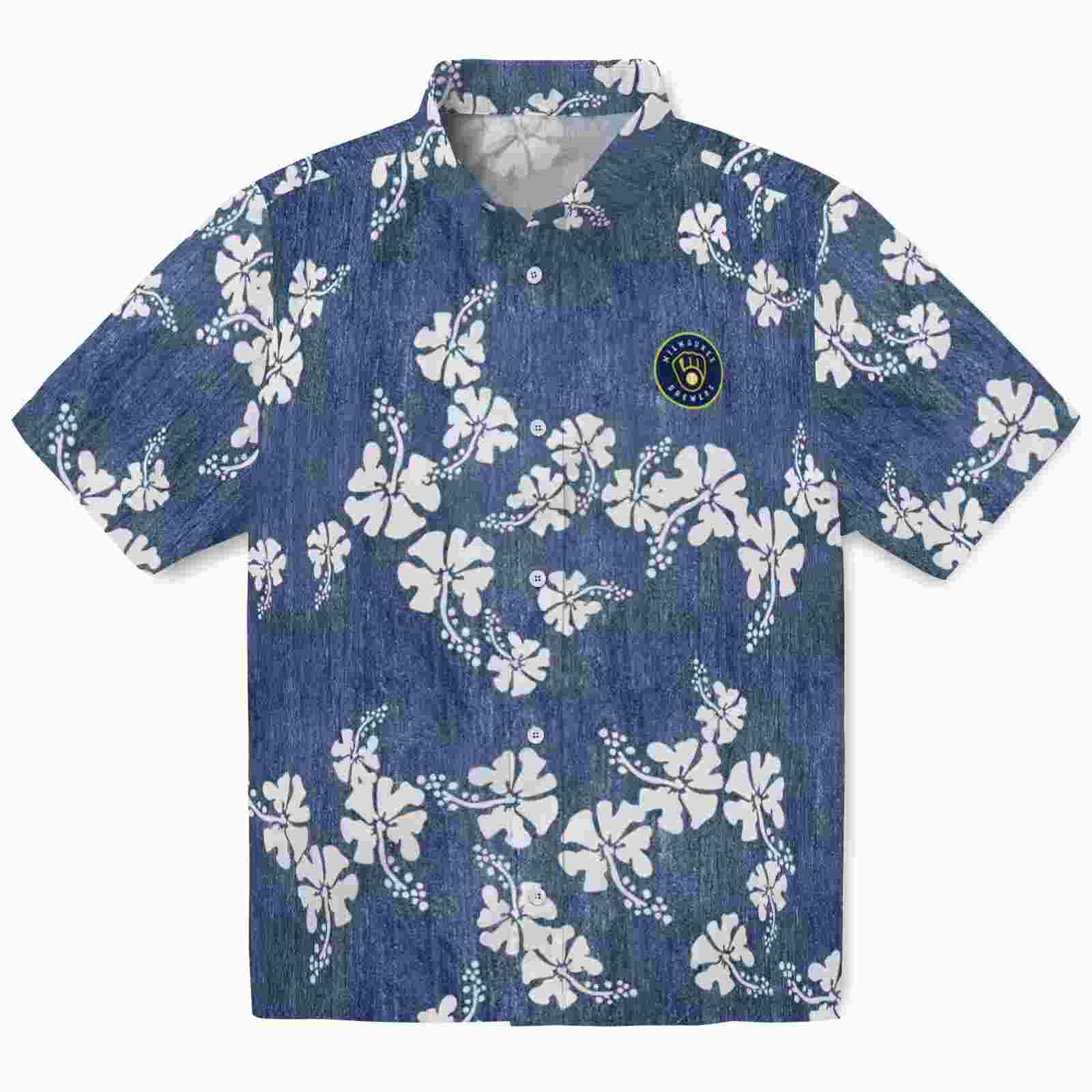 Milwaukee Brewers Hibiscus Clusters Navy Blue Hawaiian Shirt