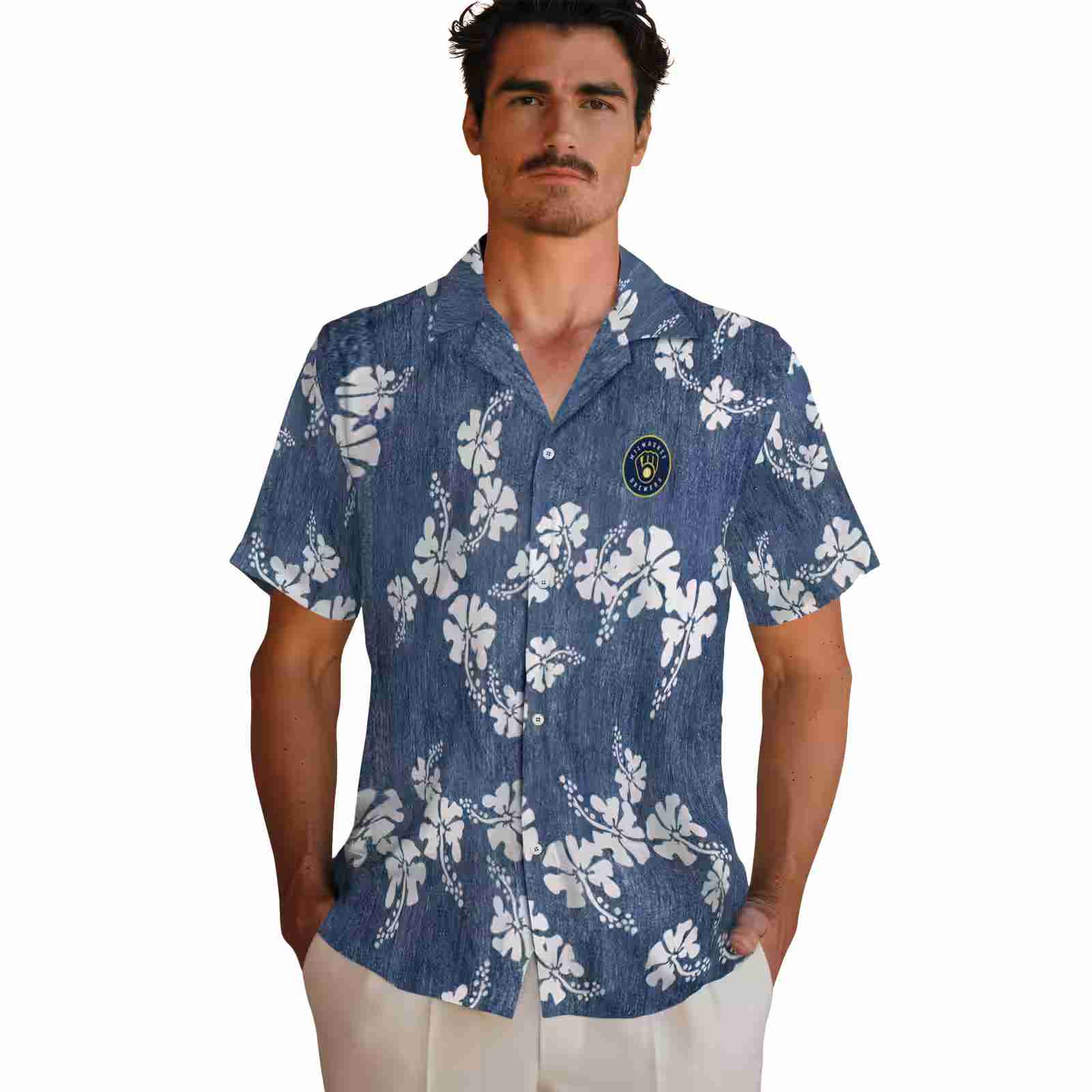 milwaukee brewers hibiscus clusters navy blue hawaiian shirt fashion forward