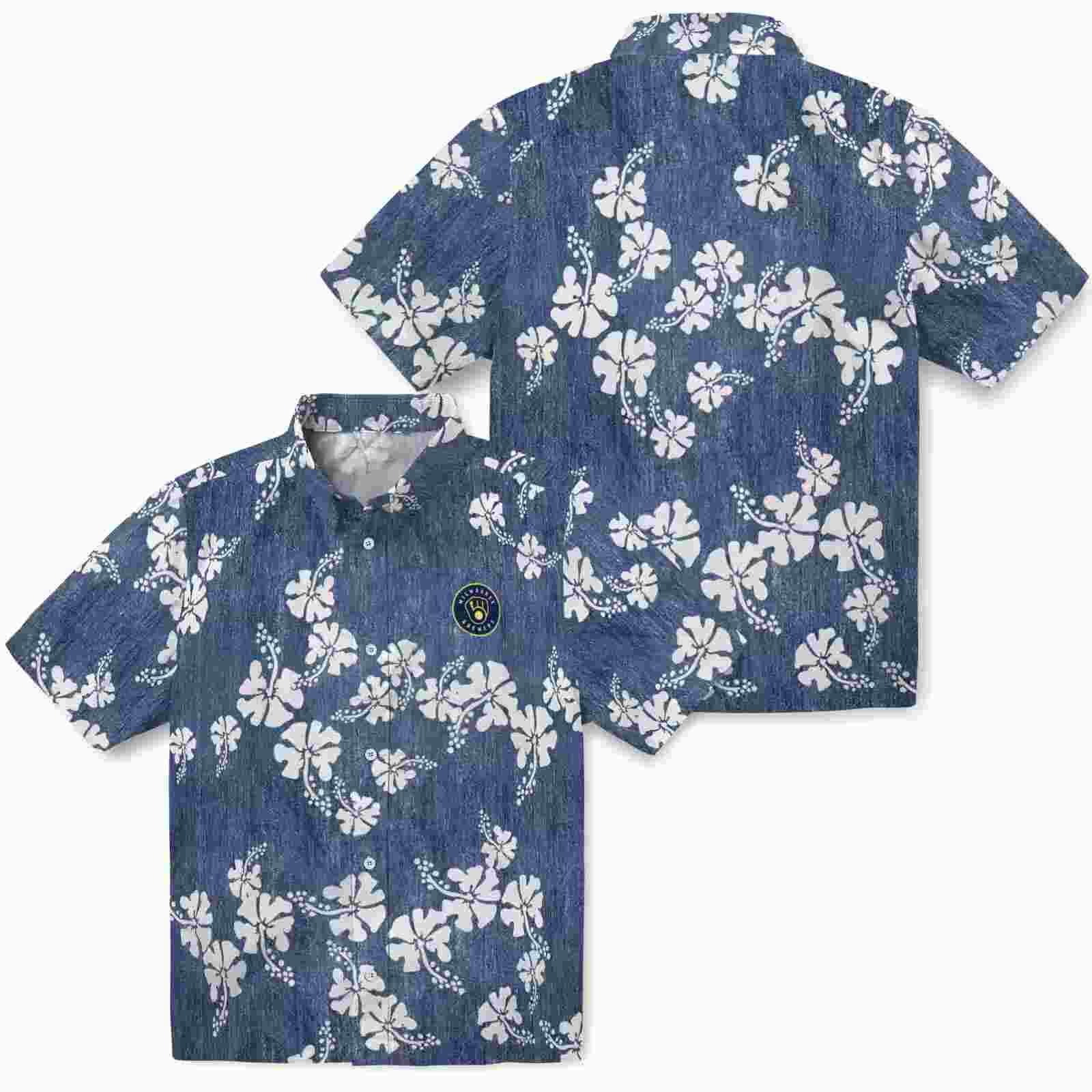 milwaukee brewers hibiscus clusters navy blue hawaiian shirt high quality