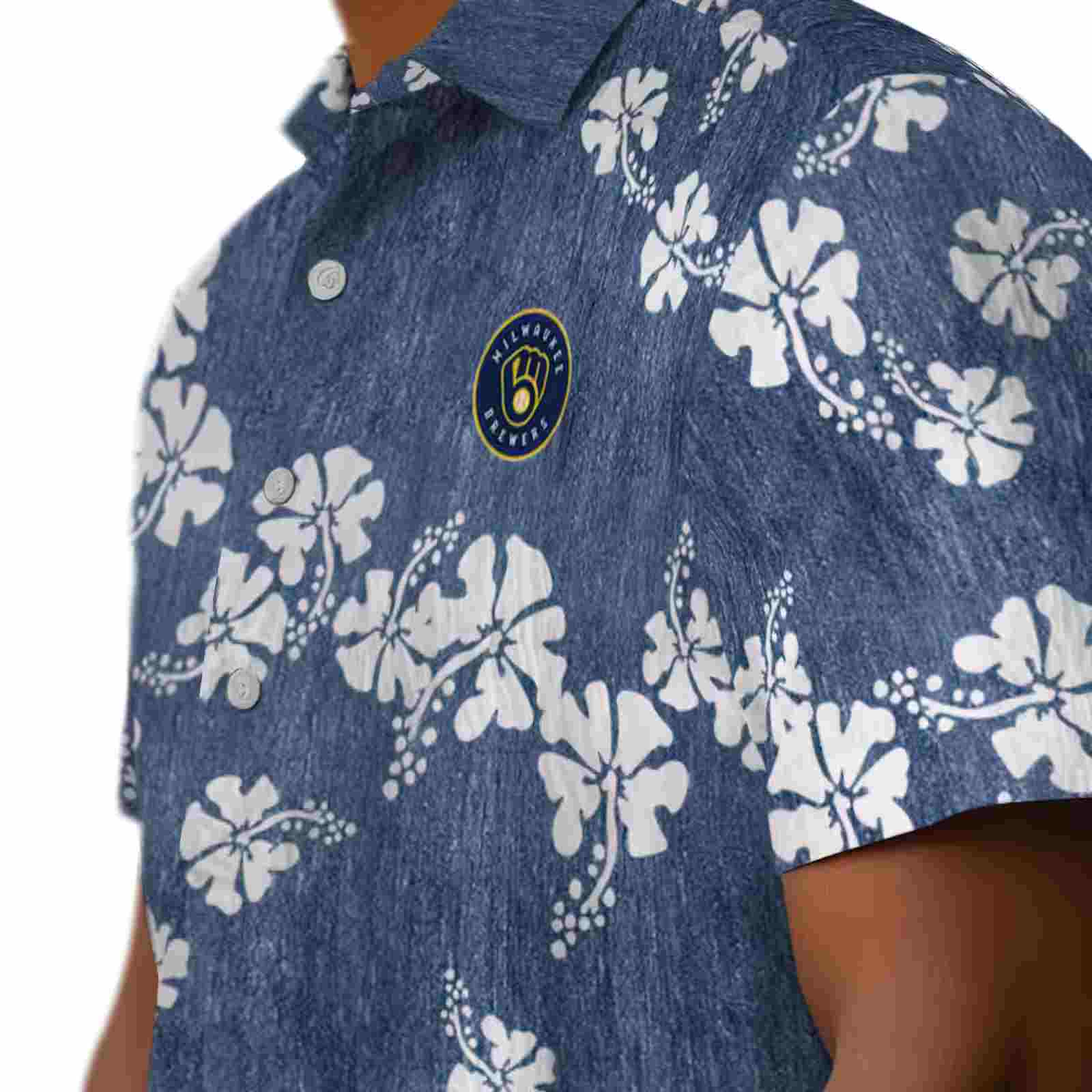 milwaukee brewers hibiscus clusters navy blue hawaiian shirt trendy