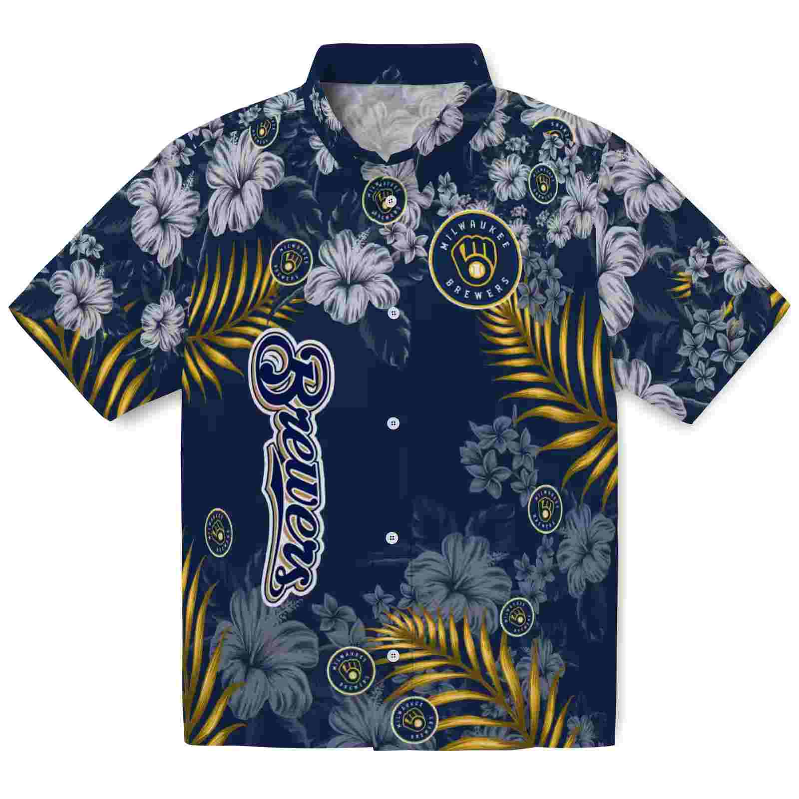 Milwaukee Brewers Hibiscus Print Navy Blue Hawaiian Shirt