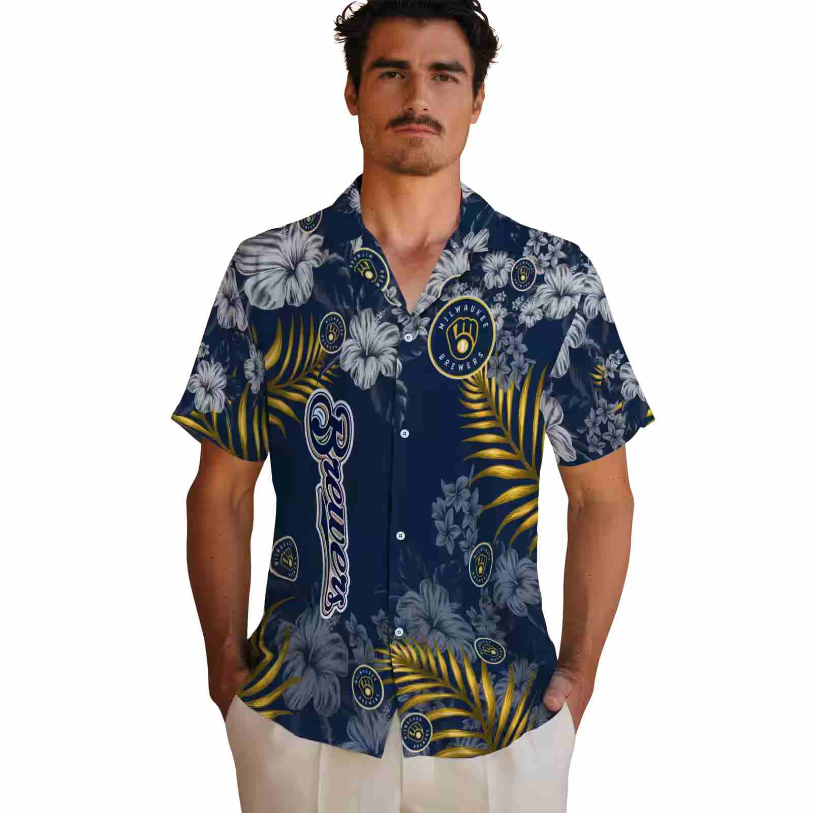 milwaukee brewers hibiscus print navy blue hawaiian shirt fashion forward