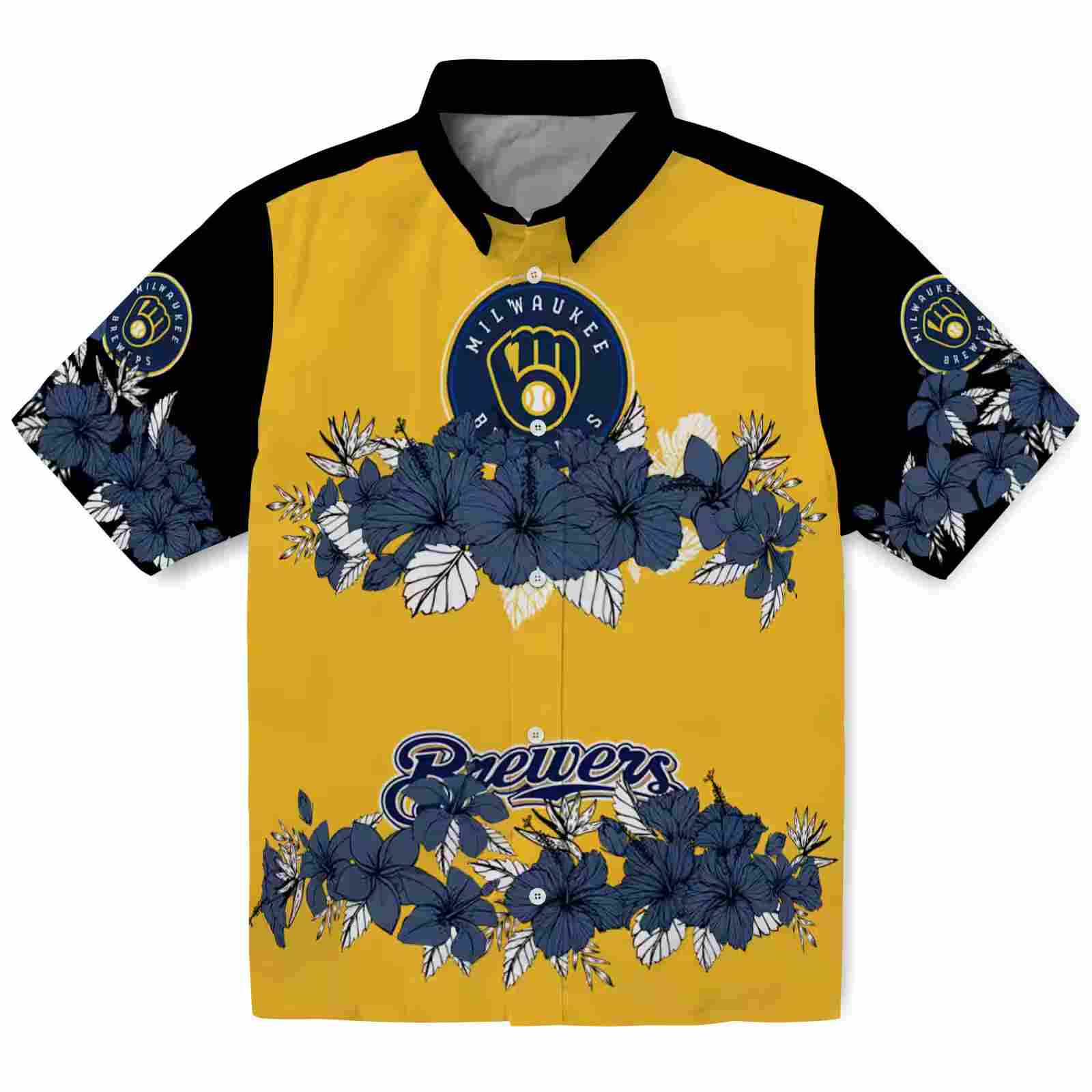 Milwaukee Brewers Hibiscus Stripe Navy Blue Black Hawaiian Shirt