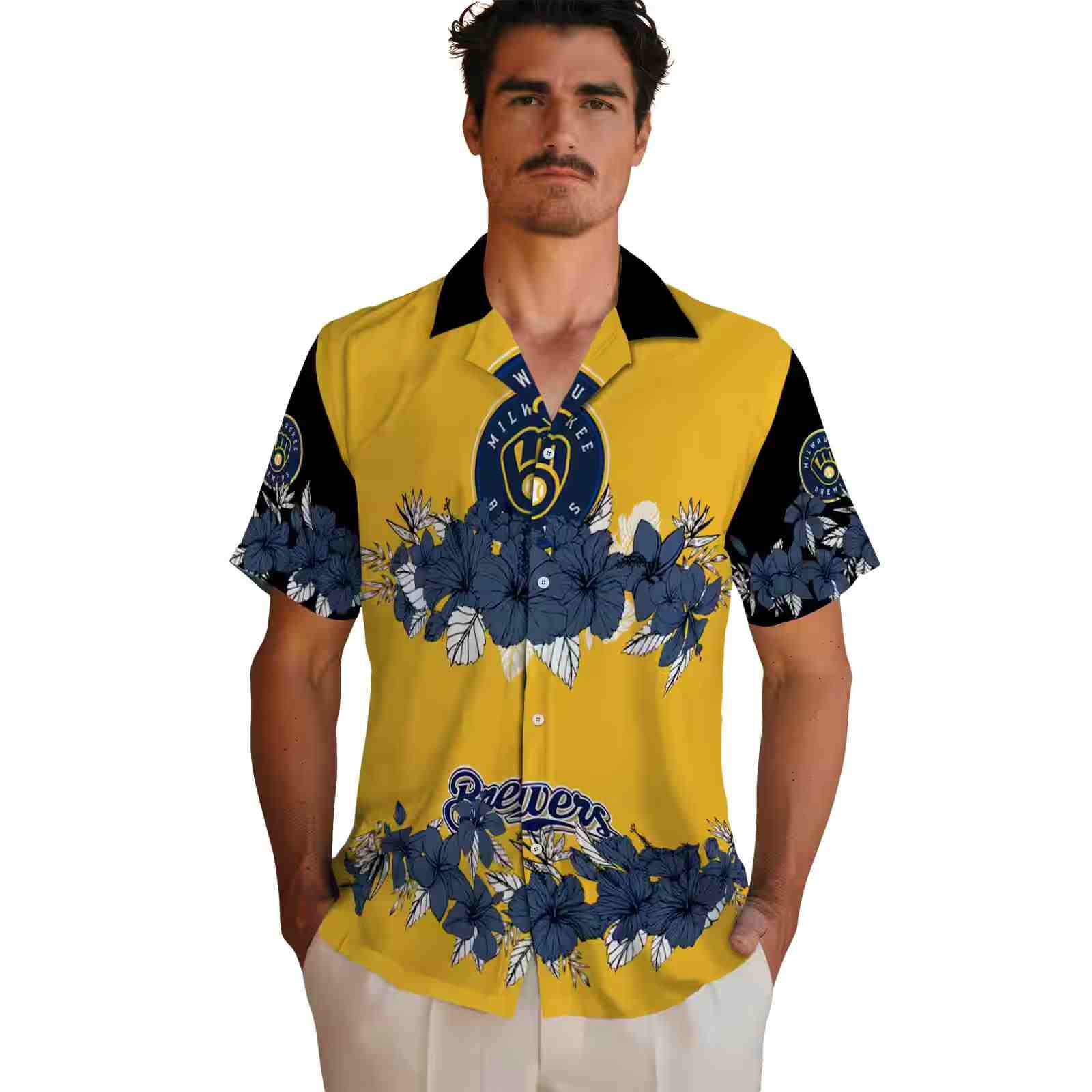 milwaukee brewers hibiscus stripe navy blue black hawaiian shirt fashion forward