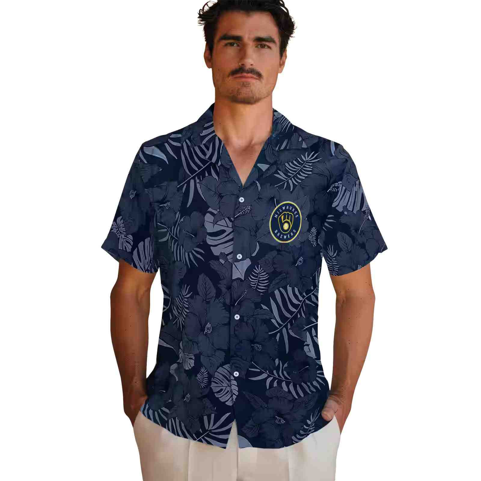 milwaukee brewers jungle vibes navy blue hawaiian shirt fashion forward