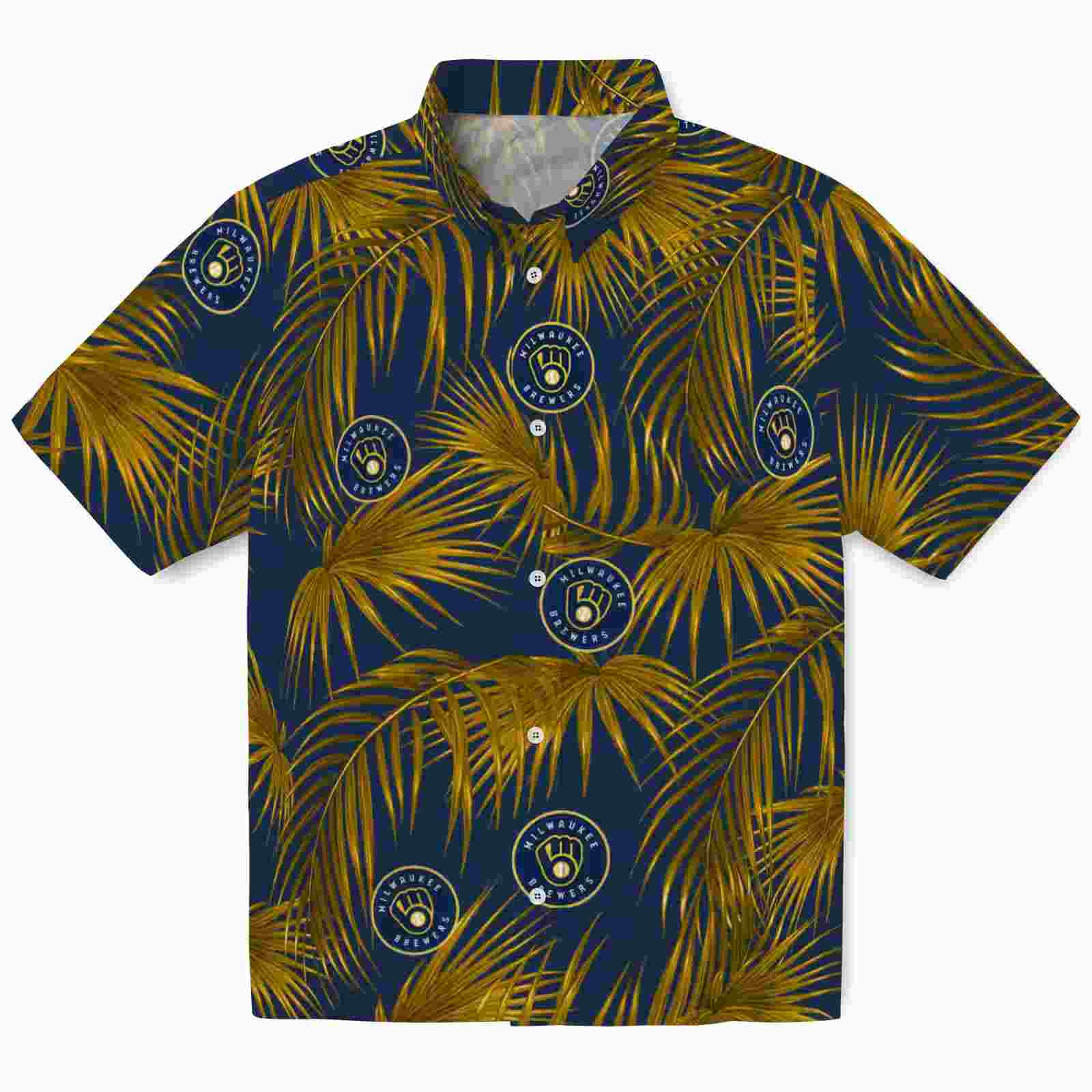 Milwaukee Brewers Leafy Palms Navy Blue Hawaiian Shirt