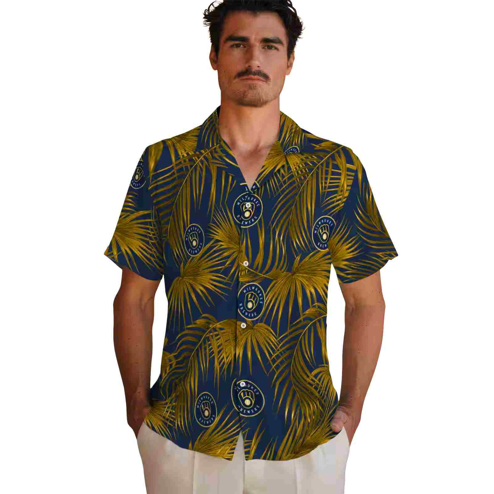 milwaukee brewers leafy palms navy blue hawaiian shirt fashion forward