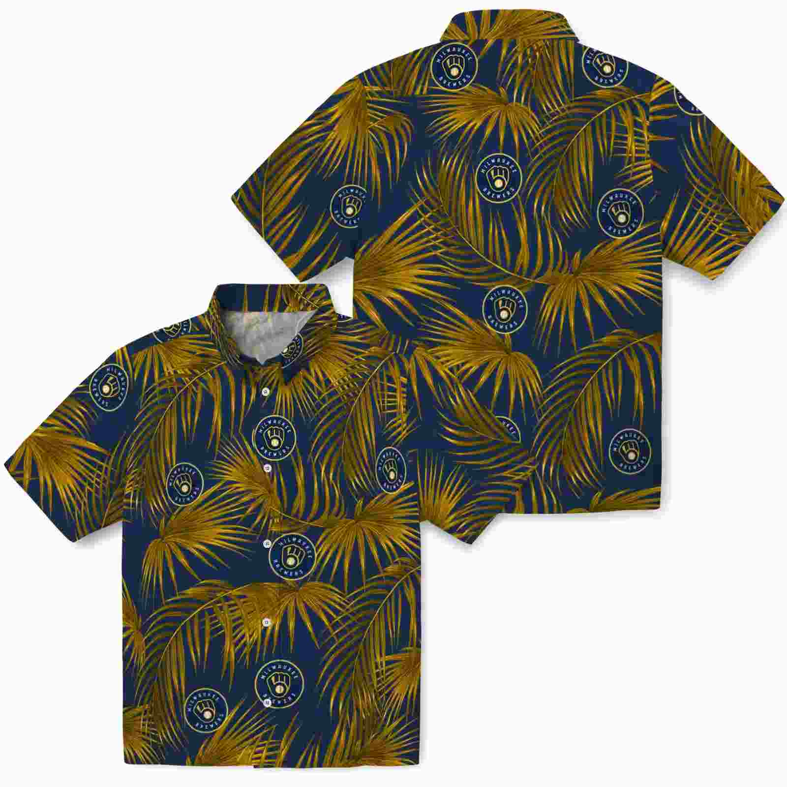 milwaukee brewers leafy palms navy blue hawaiian shirt high quality