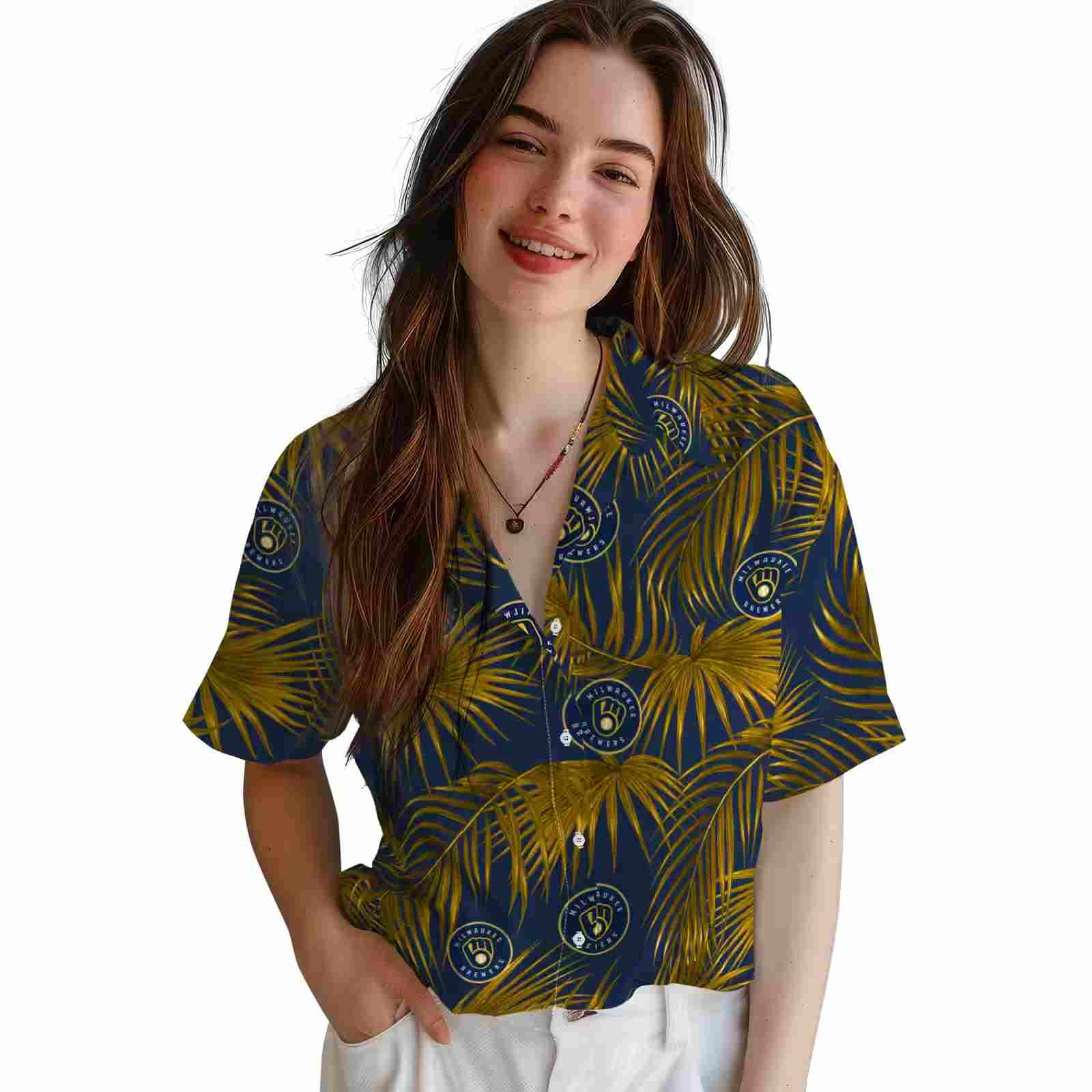 milwaukee brewers leafy palms navy blue hawaiian shirt latest model