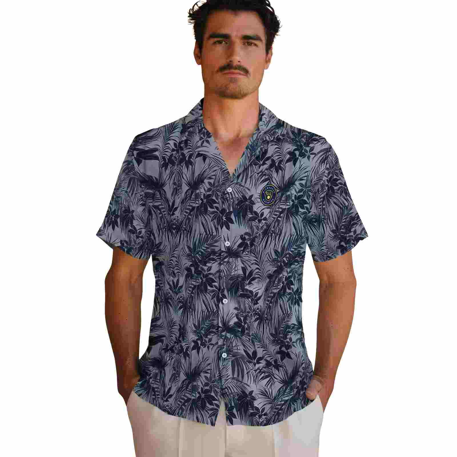 milwaukee brewers leafy pattern navy blue hawaiian shirt fashion forward