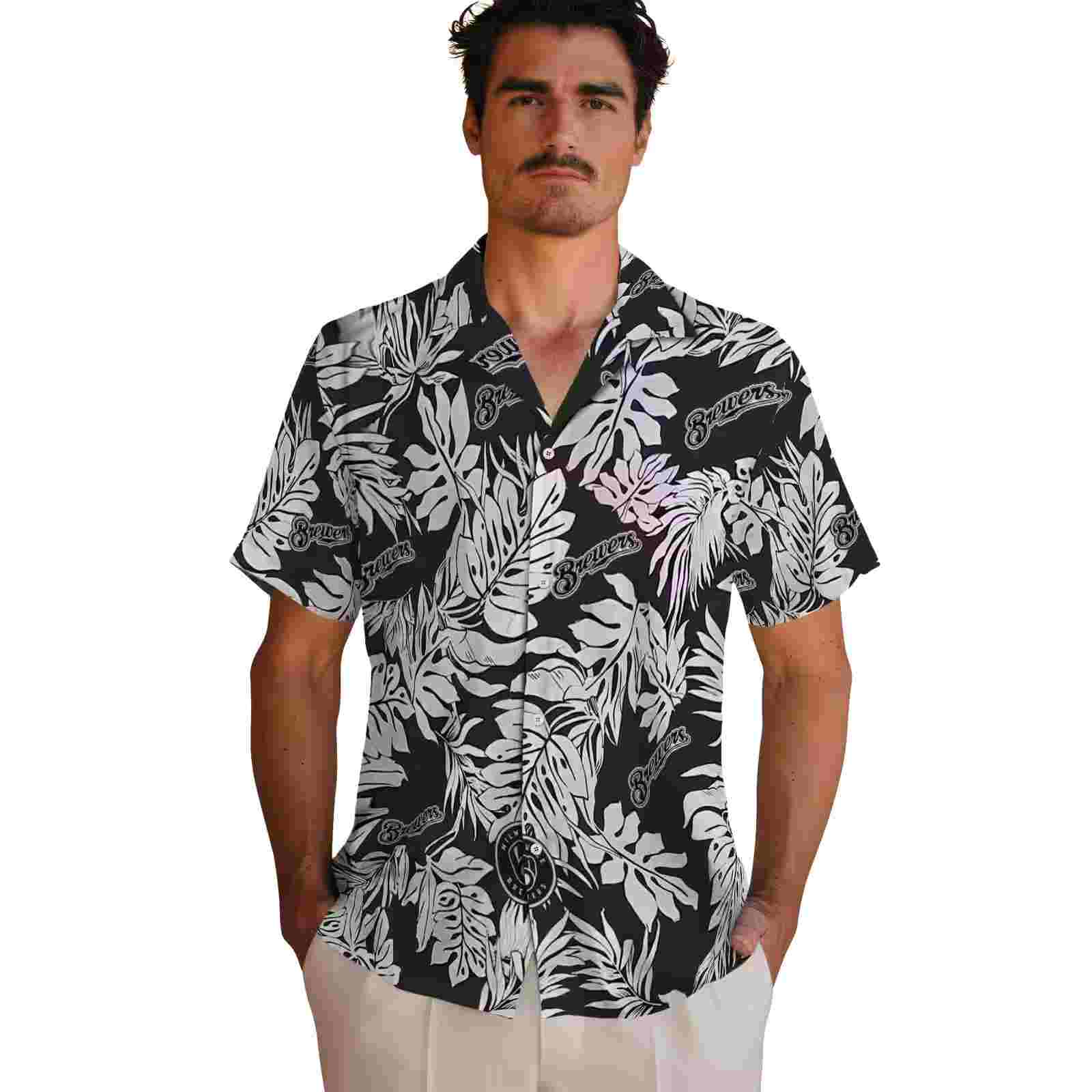 milwaukee brewers monstera leaf pattern black hawaiian shirt fashion forward