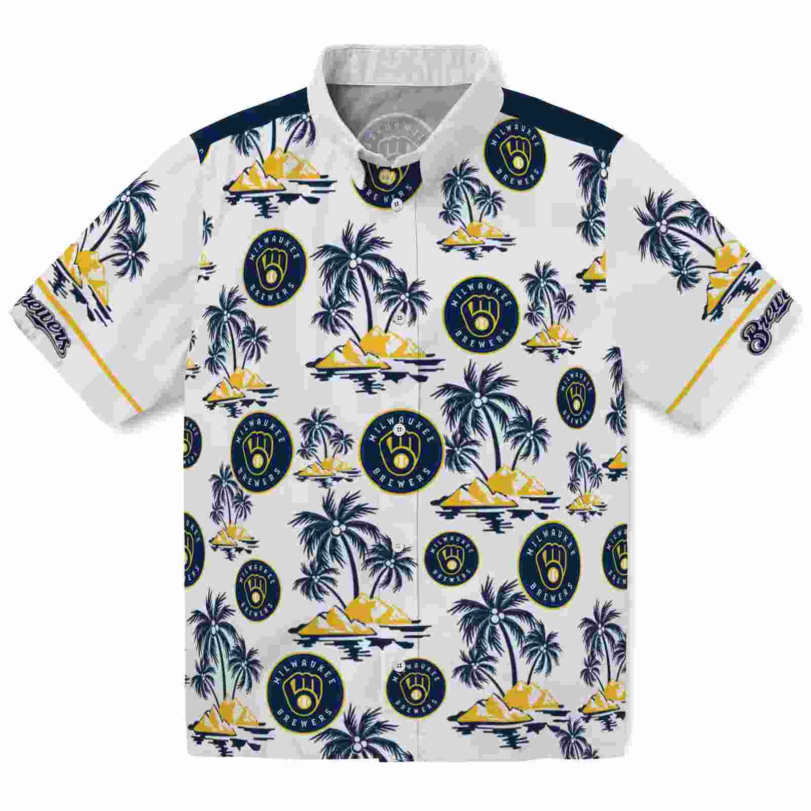 Milwaukee Brewers Palm Island Print Navy Blue White Hawaiian Shirt