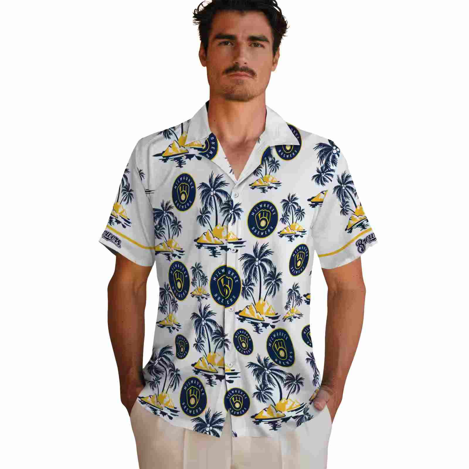 milwaukee brewers palm island print navy blue white hawaiian shirt fashion forward