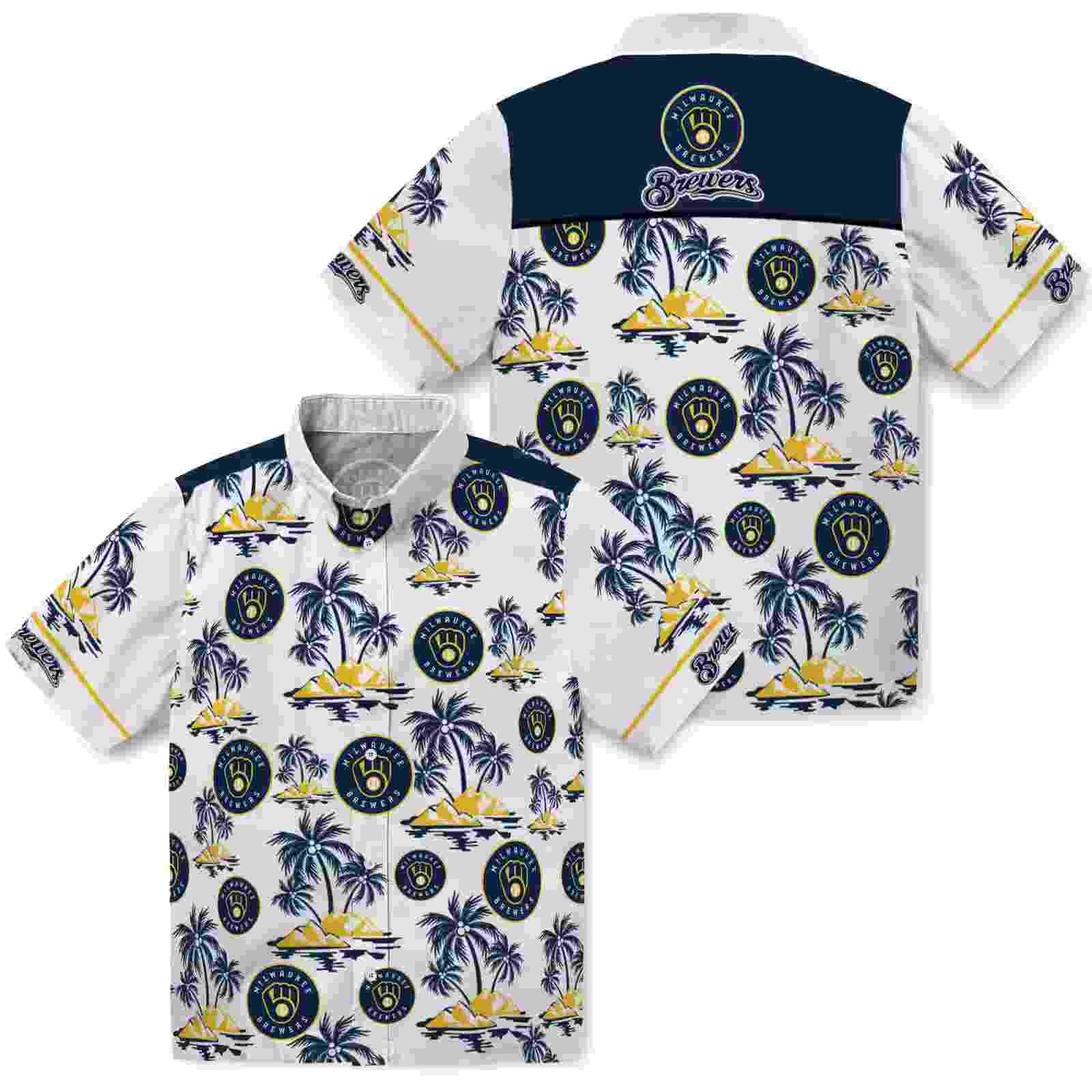 milwaukee brewers palm island print navy blue white hawaiian shirt high quality