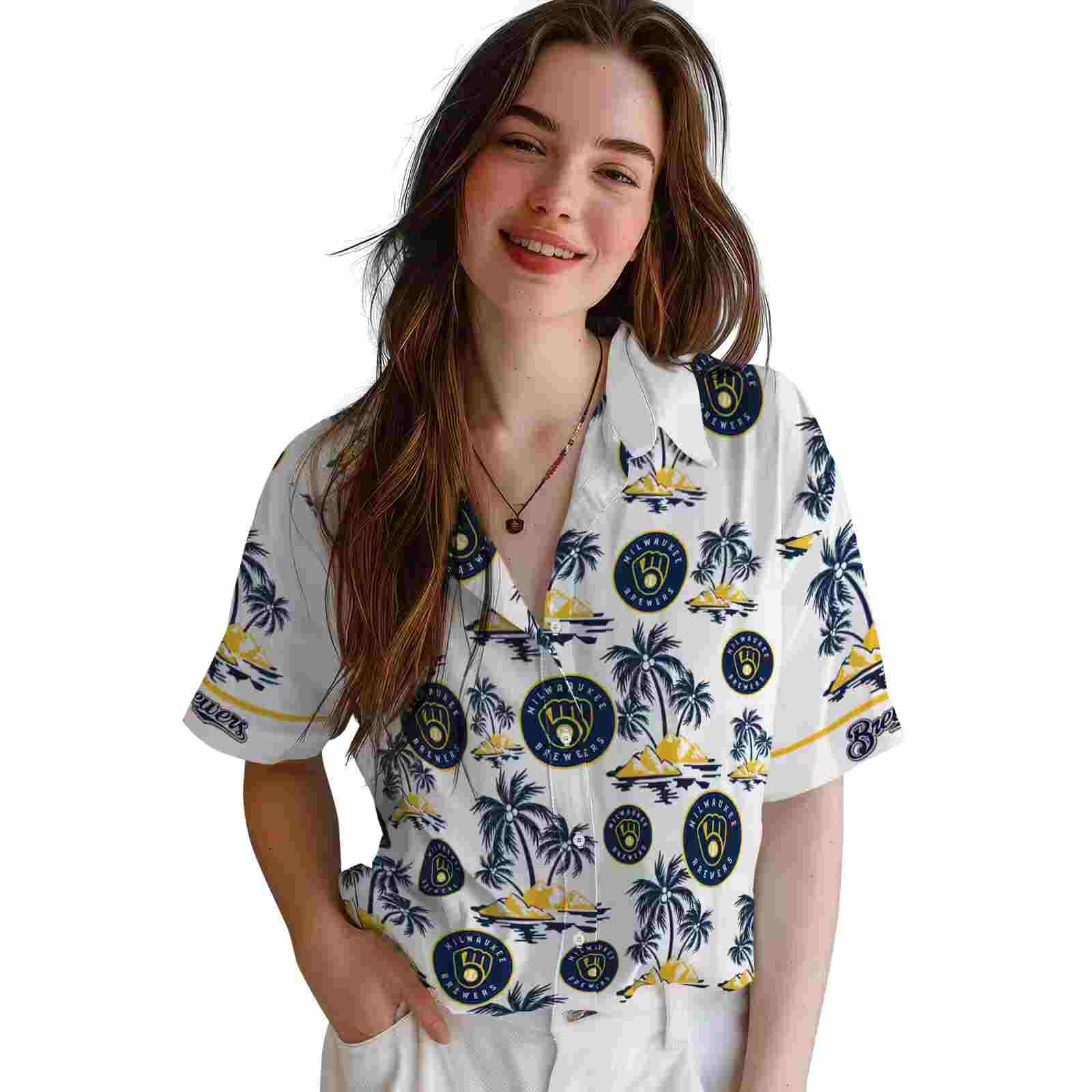 milwaukee brewers palm island print navy blue white hawaiian shirt latest model