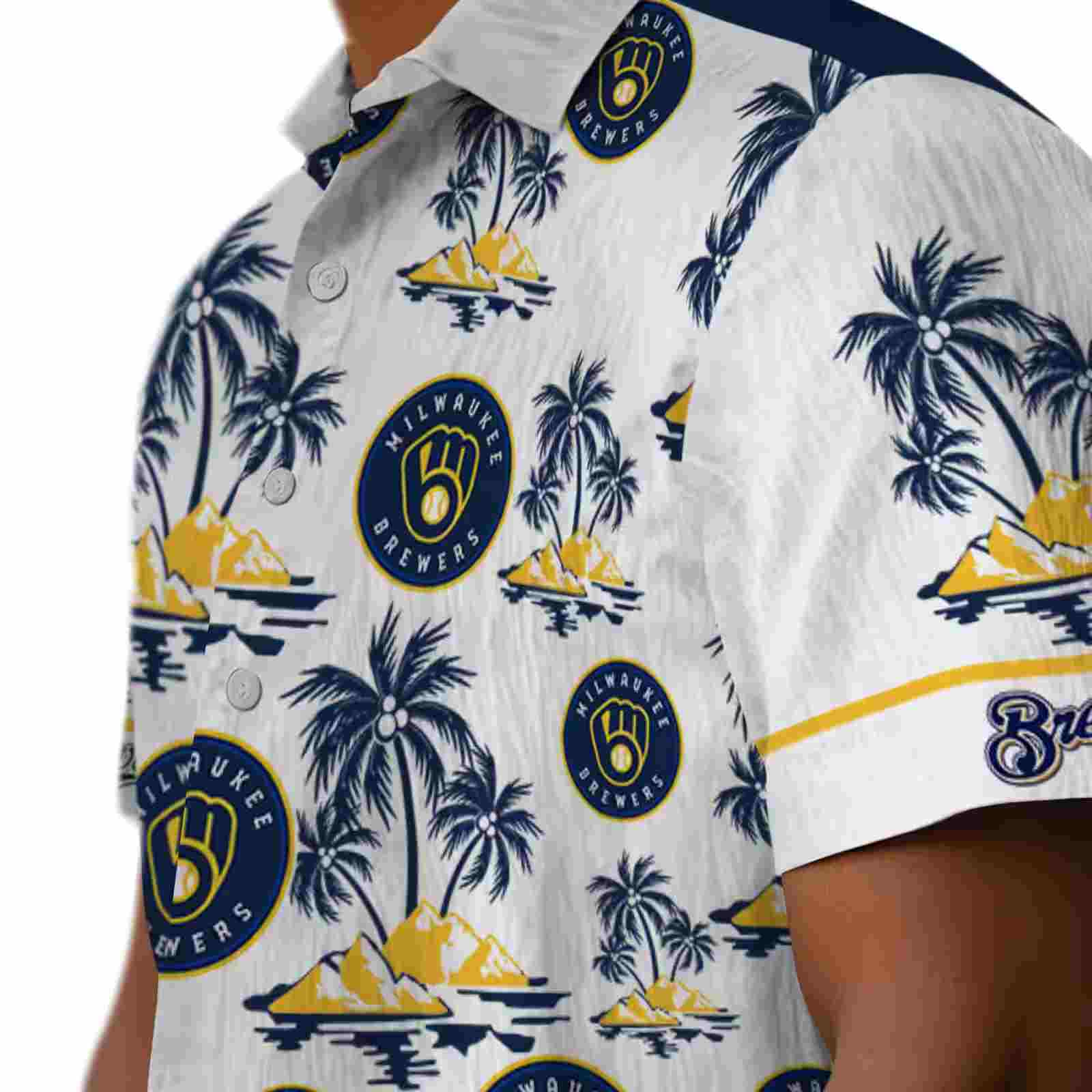 milwaukee brewers palm island print navy blue white hawaiian shirt trendy