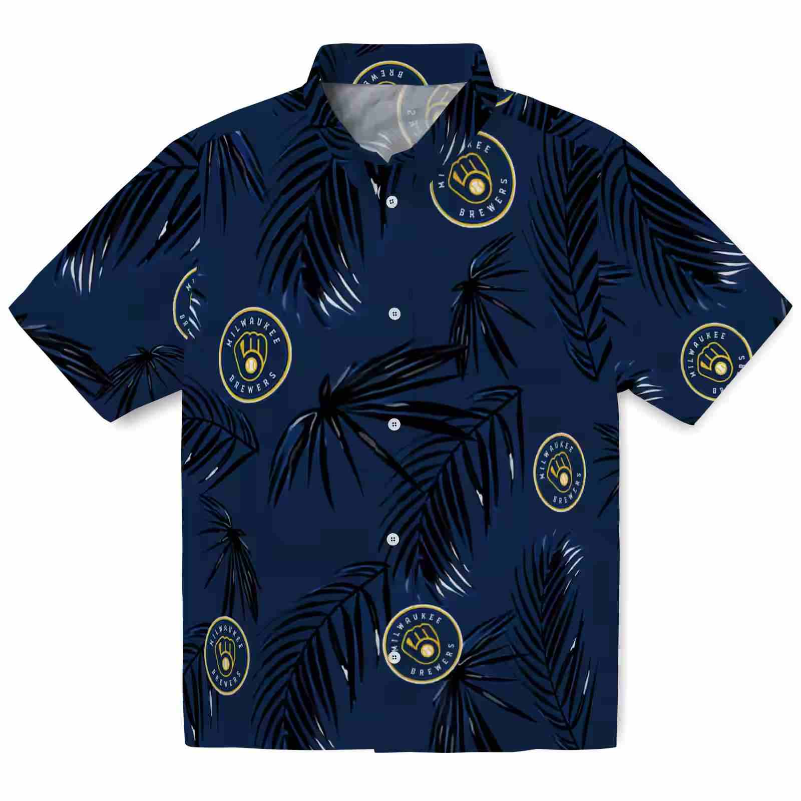 Milwaukee Brewers Palm Leaf Navy Blue Hawaiian Shirt