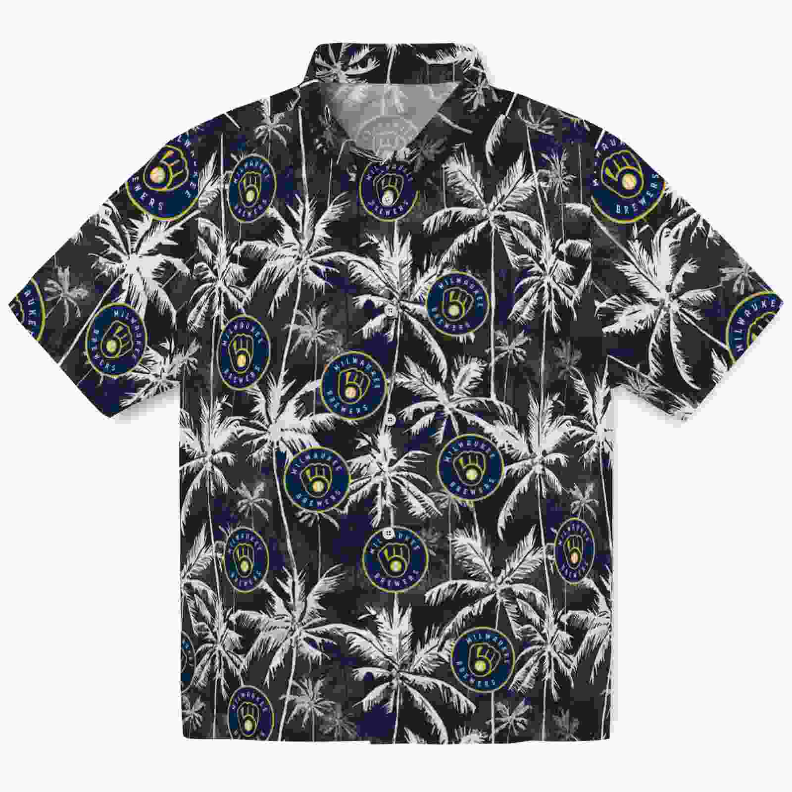 Milwaukee Brewers Palm Pattern Navy Blue Black Hawaiian Shirt