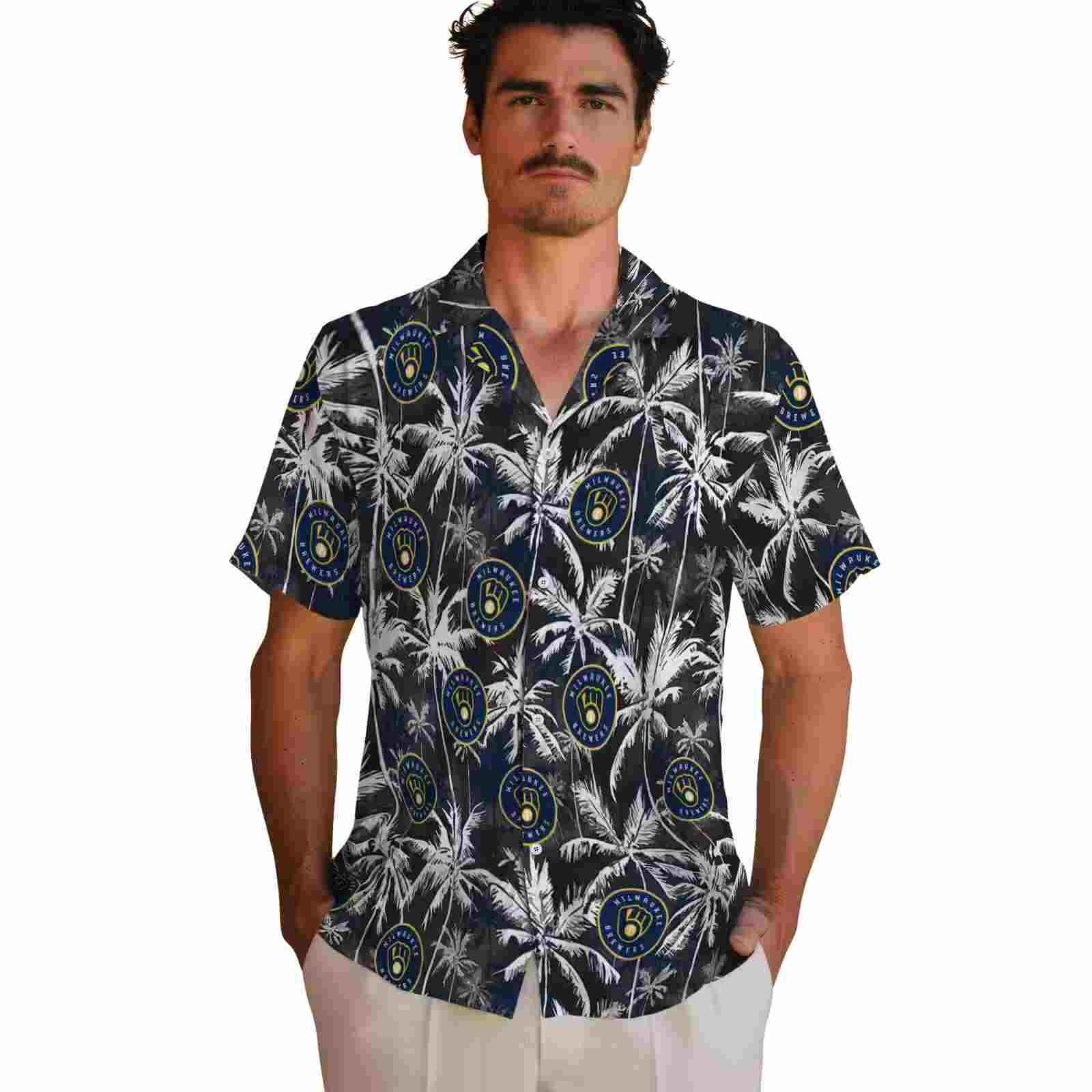 milwaukee brewers palm pattern navy blue black hawaiian shirt fashion forward