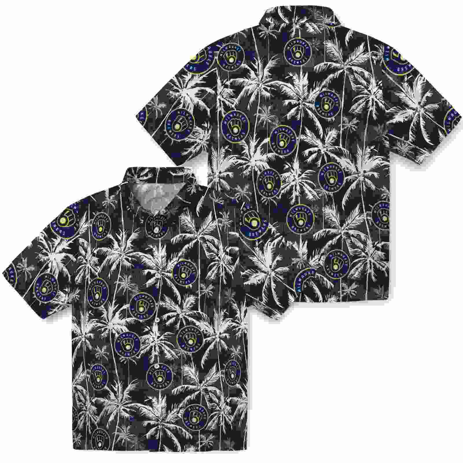 milwaukee brewers palm pattern navy blue black hawaiian shirt high quality