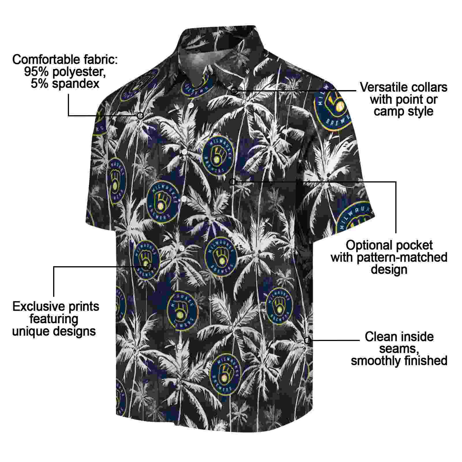 milwaukee brewers palm pattern navy blue black hawaiian shirt new arrival