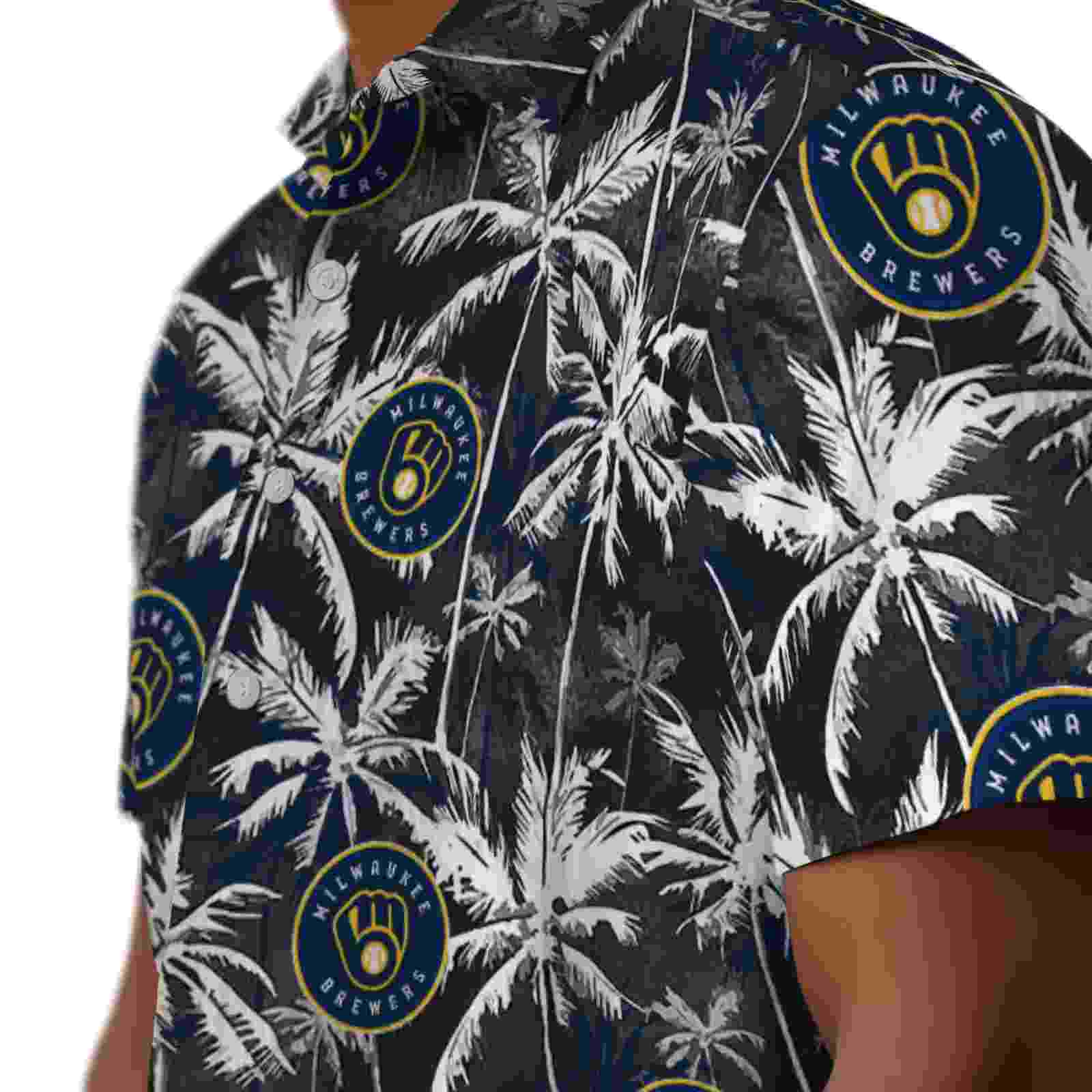 milwaukee brewers palm pattern navy blue black hawaiian shirt trendy