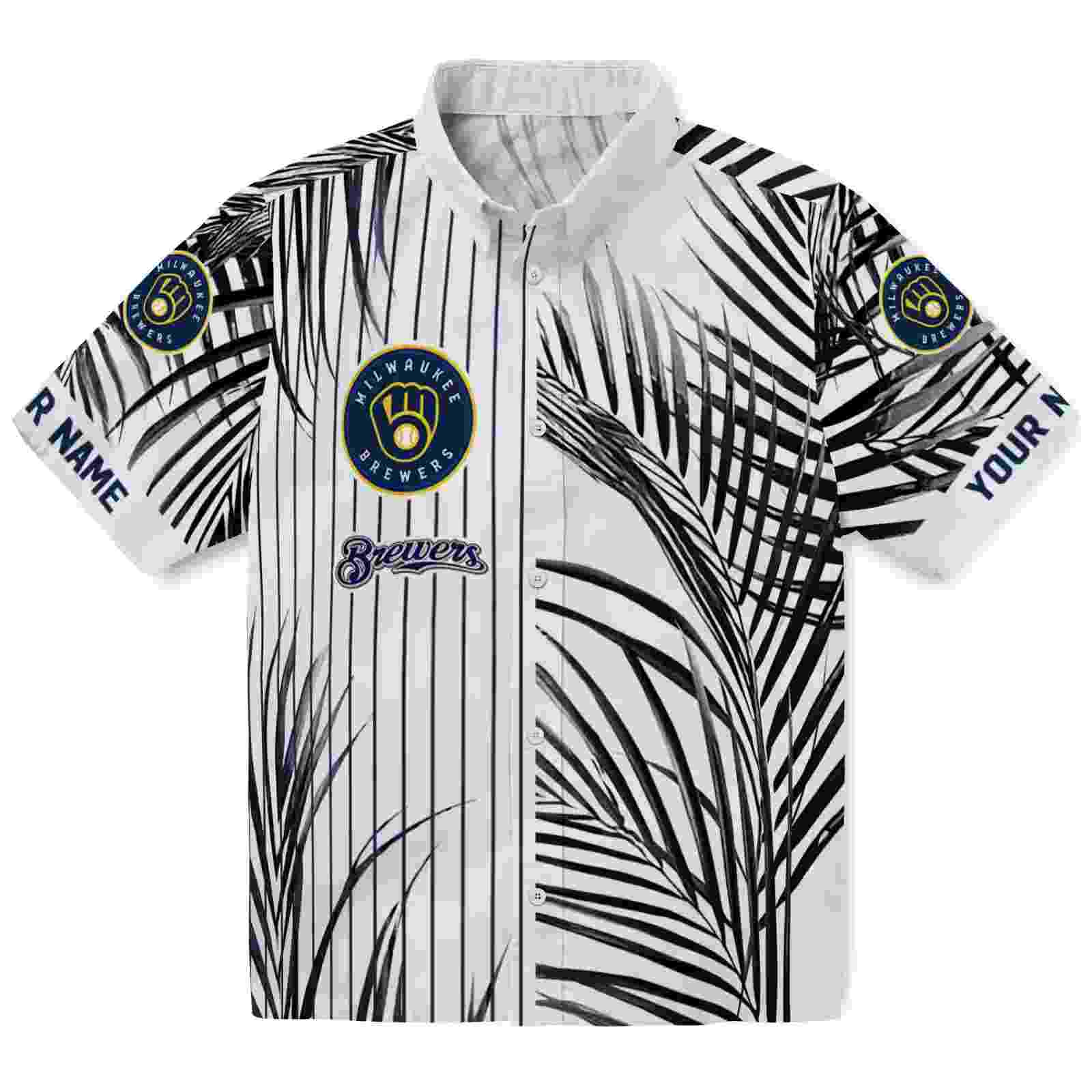 Milwaukee Brewers Palm Stripes Navy Blue Black White Hawaiian Shirt