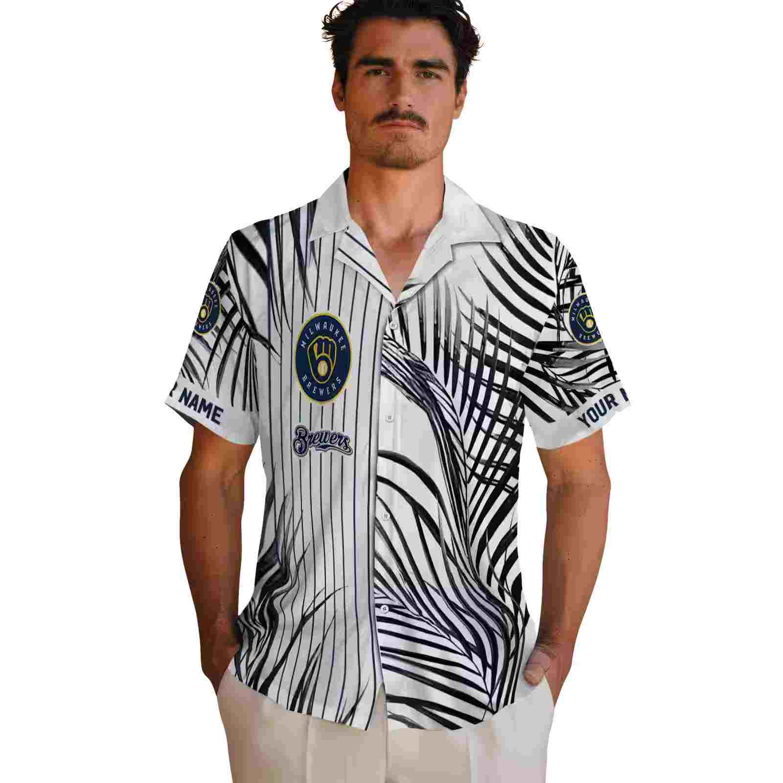 milwaukee brewers palm stripes navy blue black white hawaiian shirt fashion forward