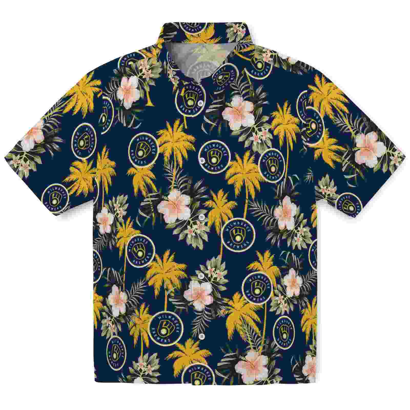 Milwaukee Brewers Palm Tree Flower Navy Blue Hawaiian Shirt