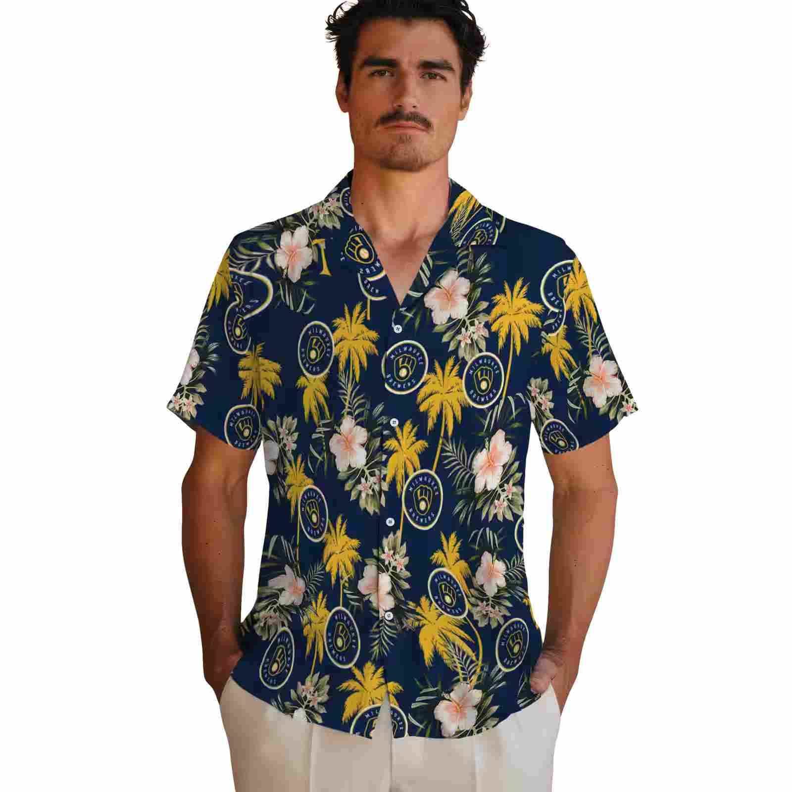 milwaukee brewers palm tree flower navy blue hawaiian shirt fashion forward