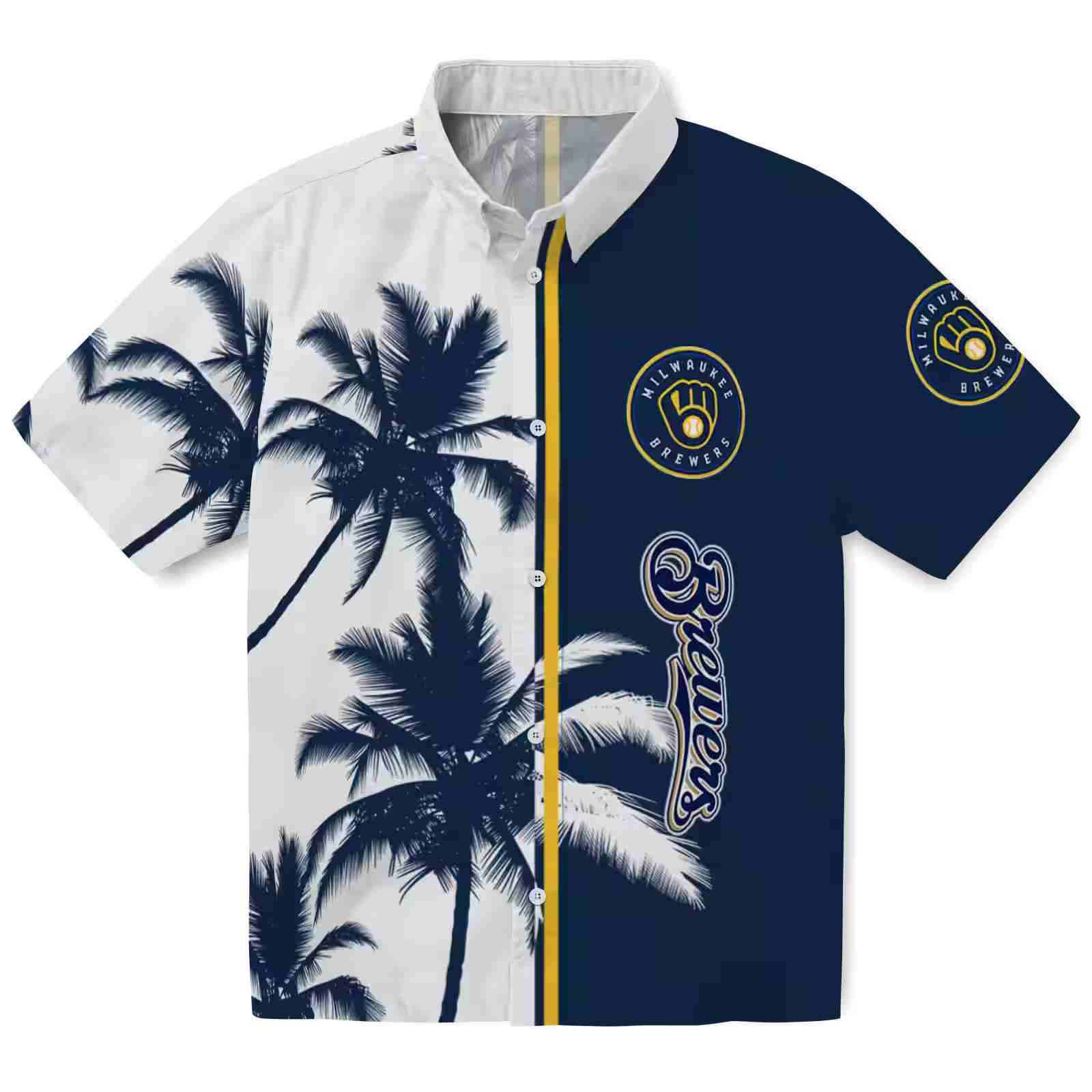 Milwaukee Brewers Palm Trees Navy Blue White Hawaiian Shirt