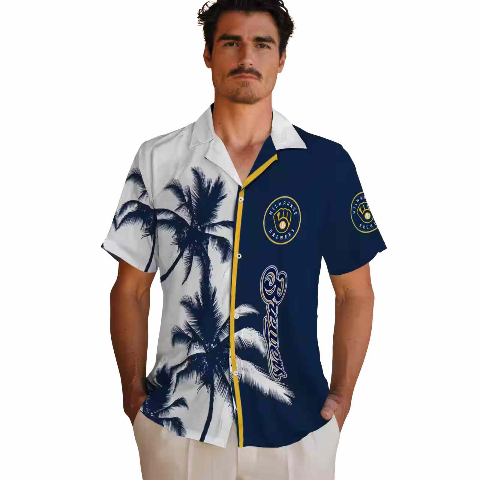 milwaukee brewers palm trees navy blue white hawaiian shirt fashion forward