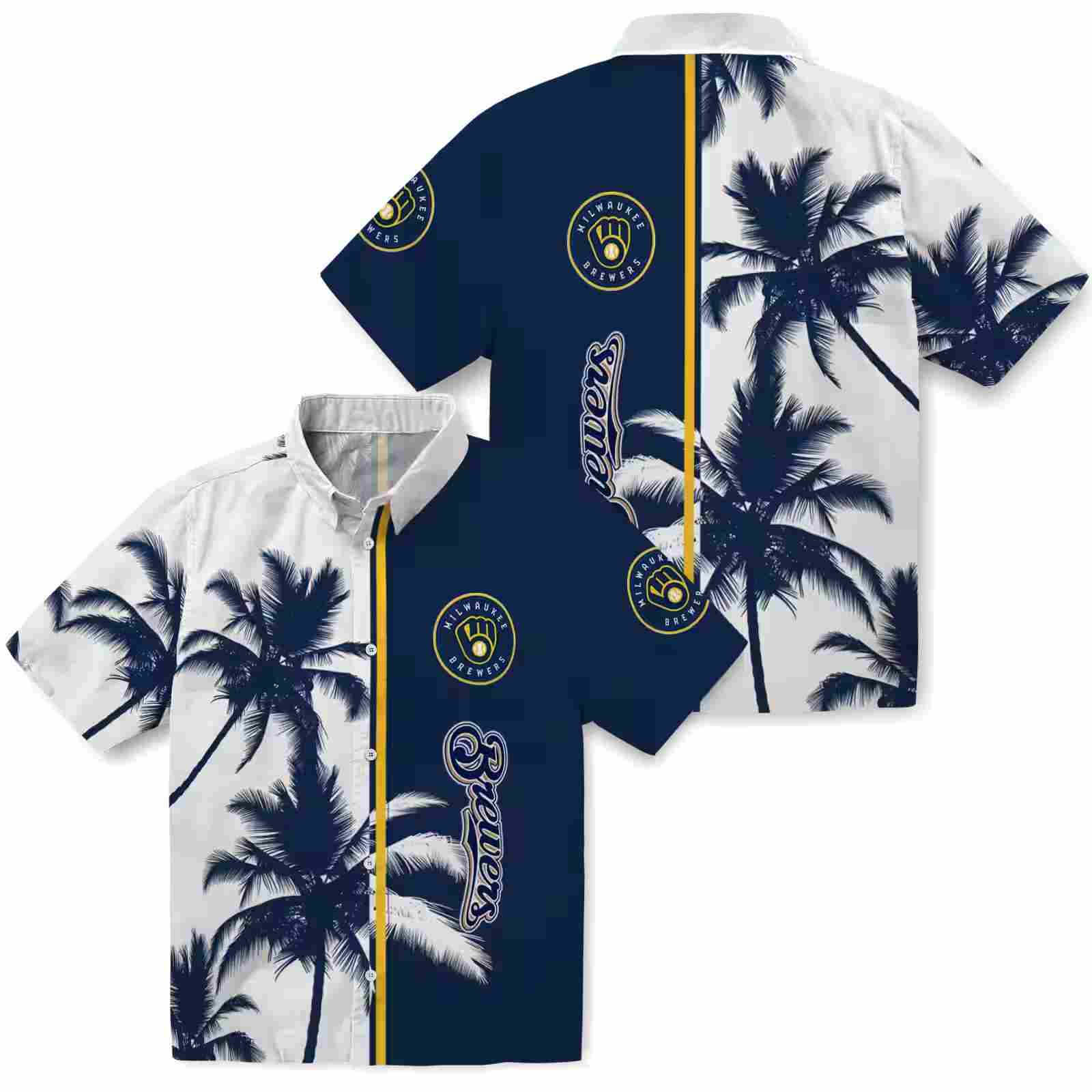 milwaukee brewers palm trees navy blue white hawaiian shirt high quality