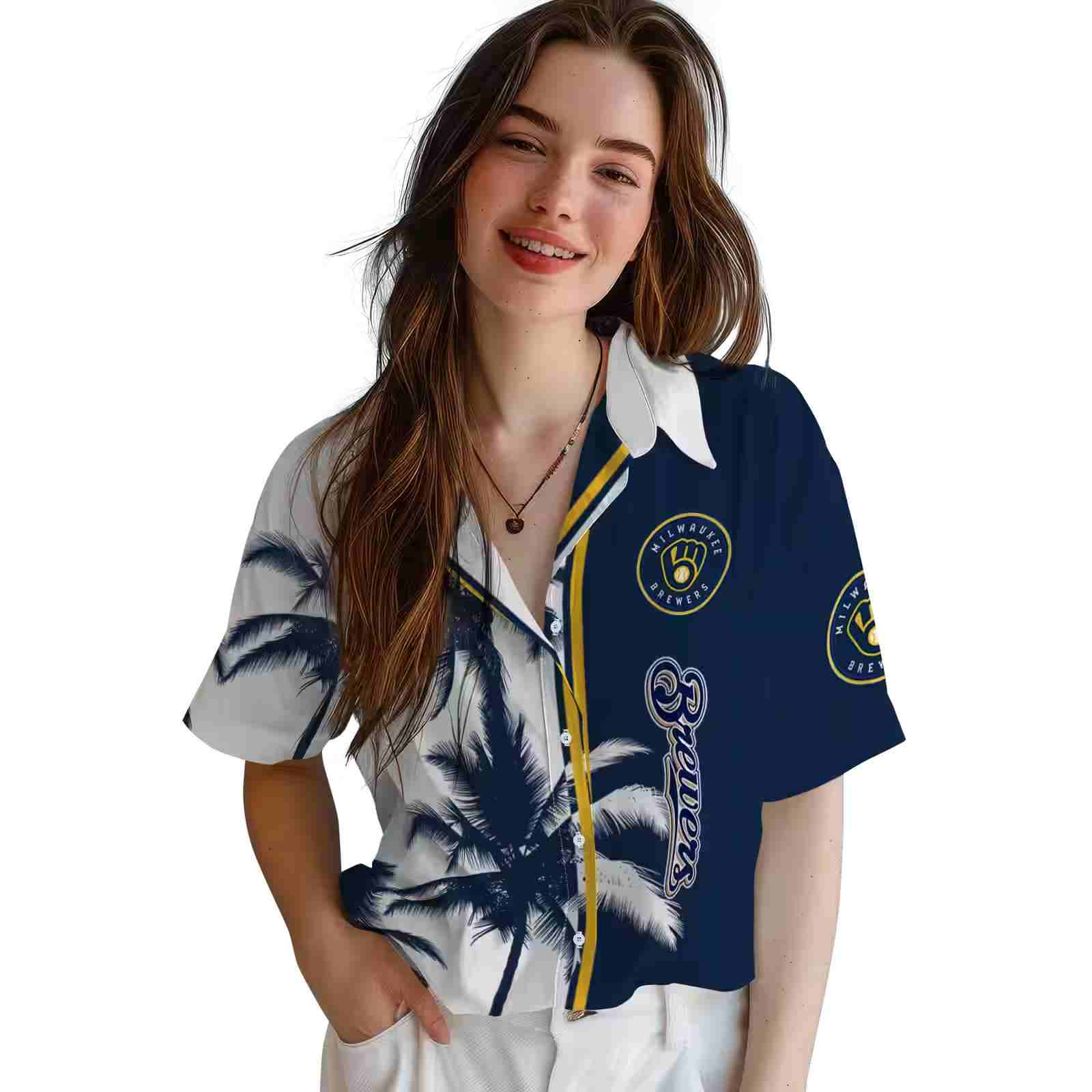 milwaukee brewers palm trees navy blue white hawaiian shirt latest model