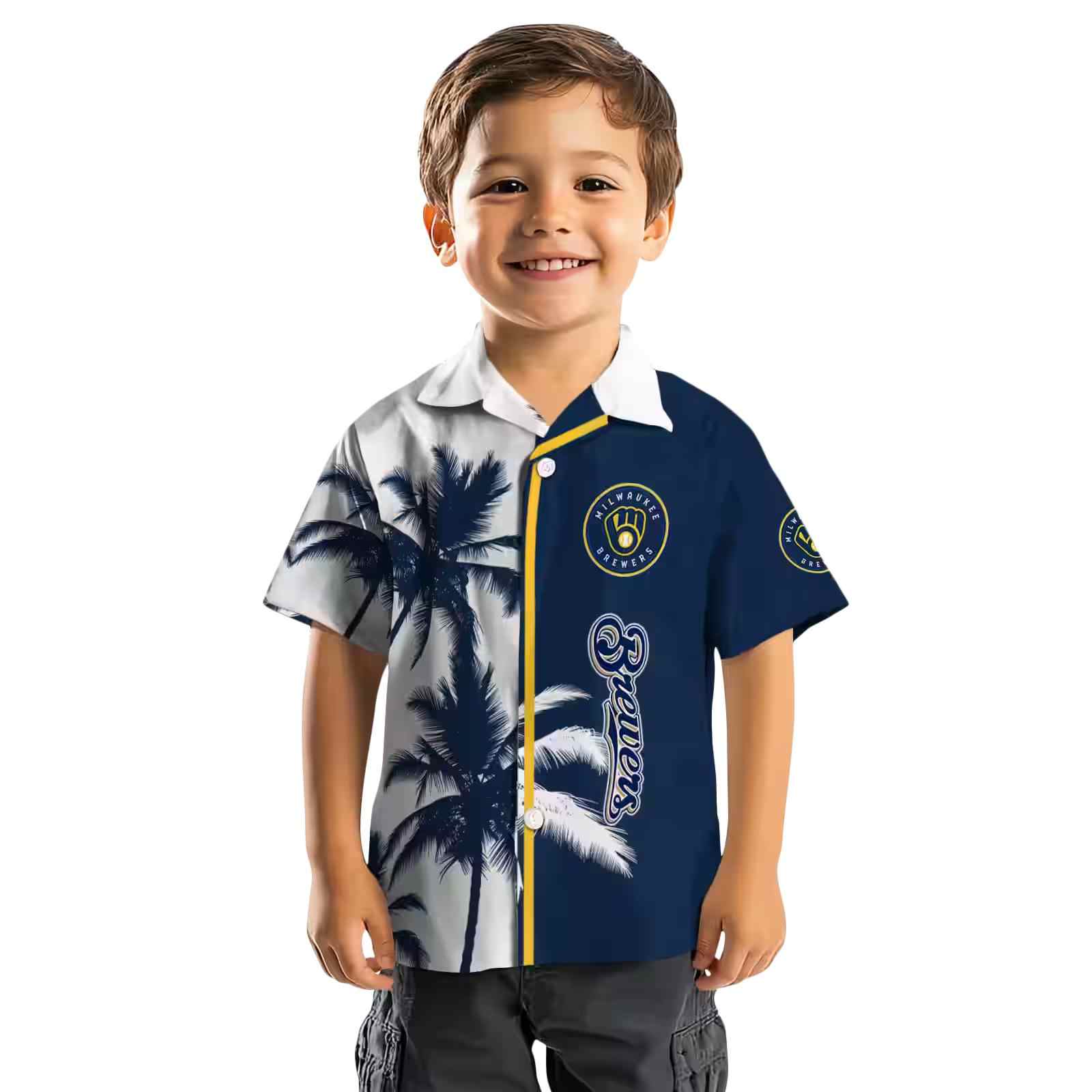 milwaukee brewers palm trees navy blue white hawaiian shirt top rated