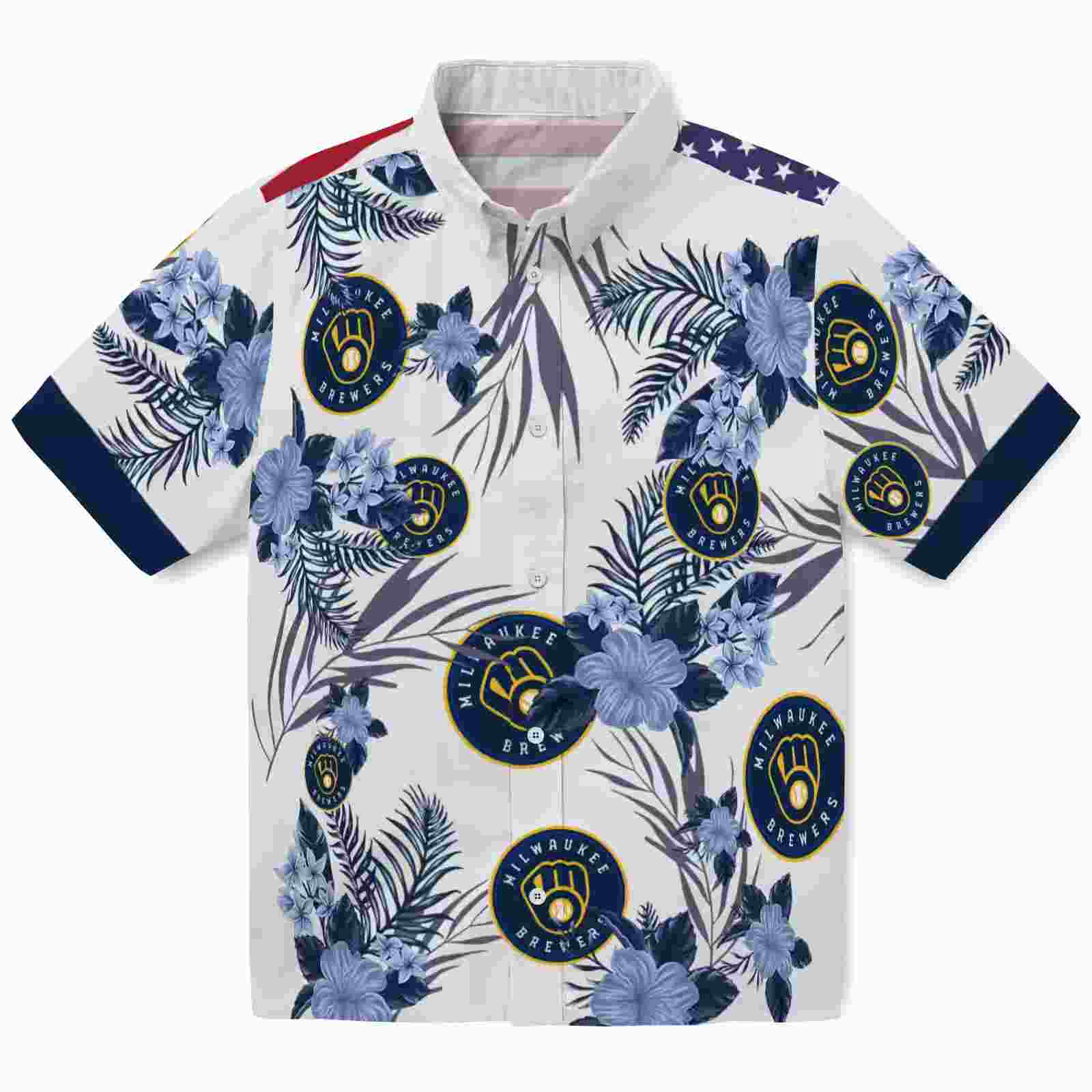 Milwaukee Brewers Patriotic Hibiscus Design Navy Blue White Hawaiian Shirt