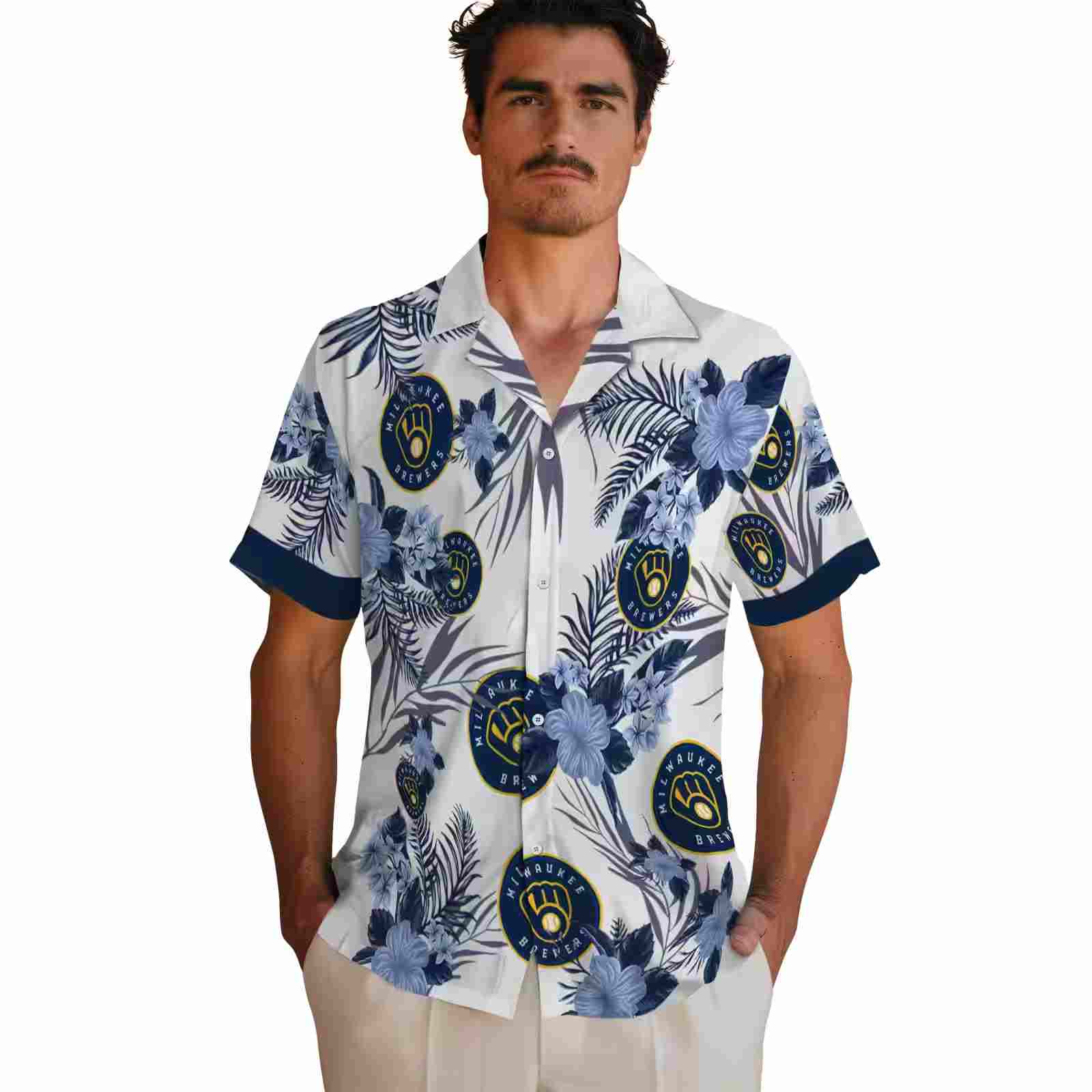 milwaukee brewers patriotic hibiscus design navy blue white hawaiian shirt fashion forward