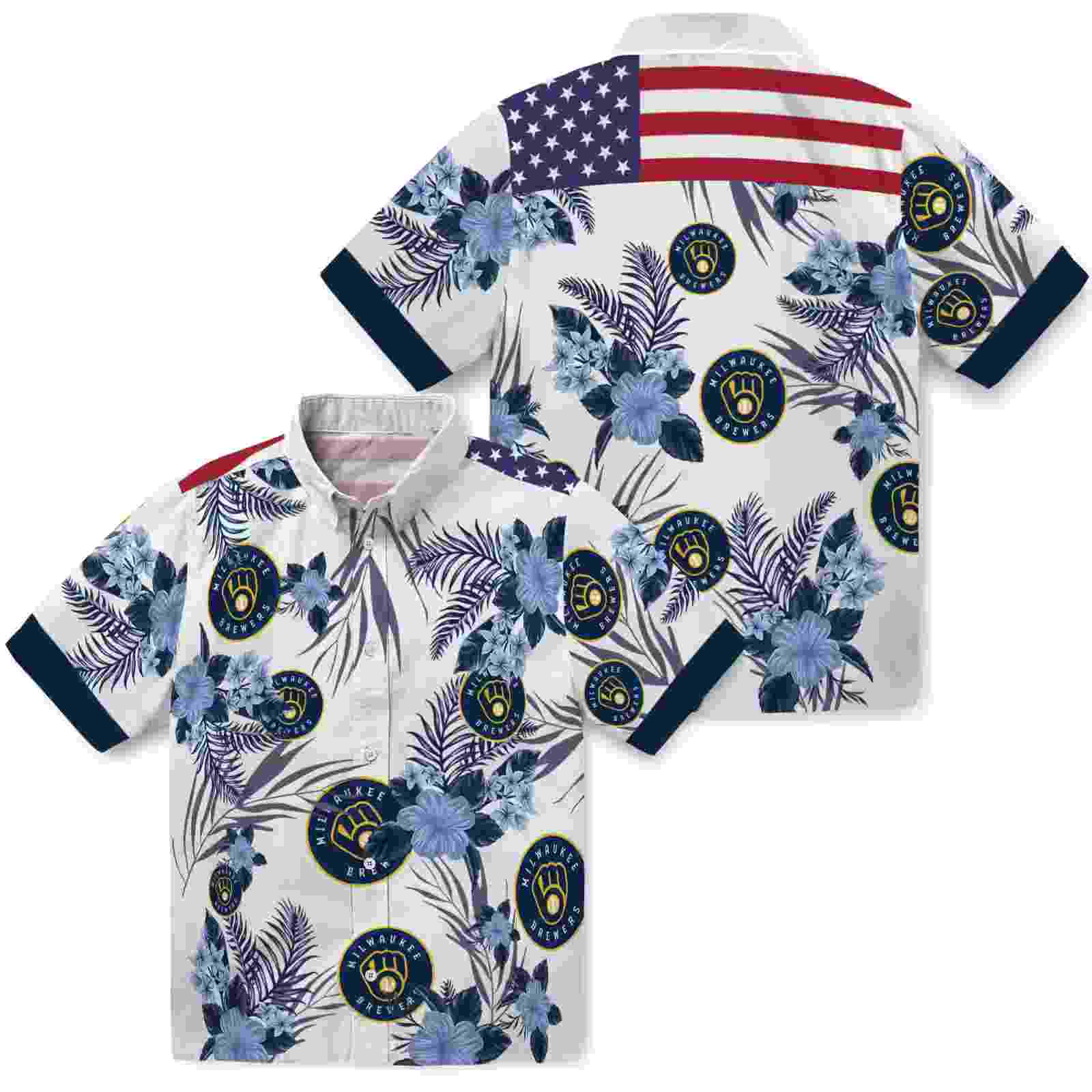 milwaukee brewers patriotic hibiscus design navy blue white hawaiian shirt high quality