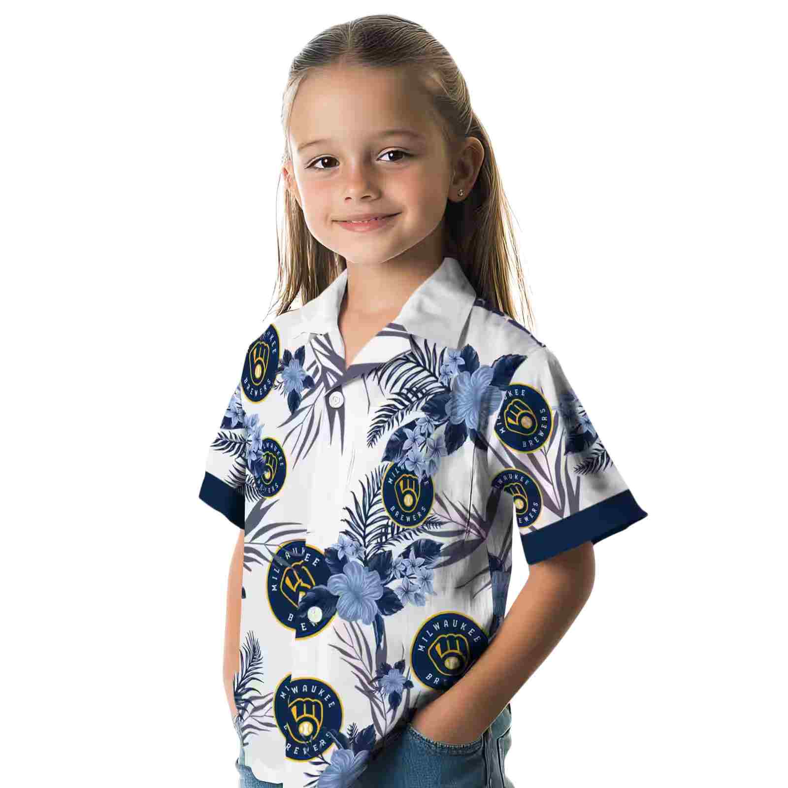 milwaukee brewers patriotic hibiscus design navy blue white hawaiian shirt premium grade