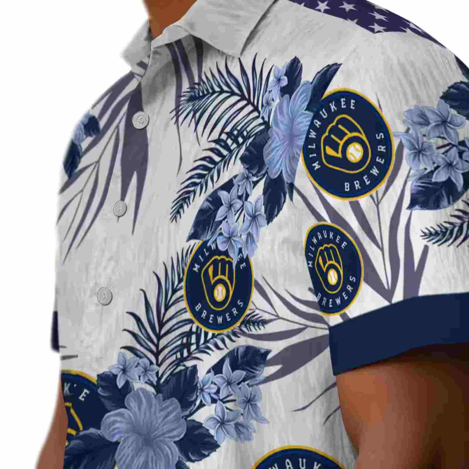 milwaukee brewers patriotic hibiscus design navy blue white hawaiian shirt trendy