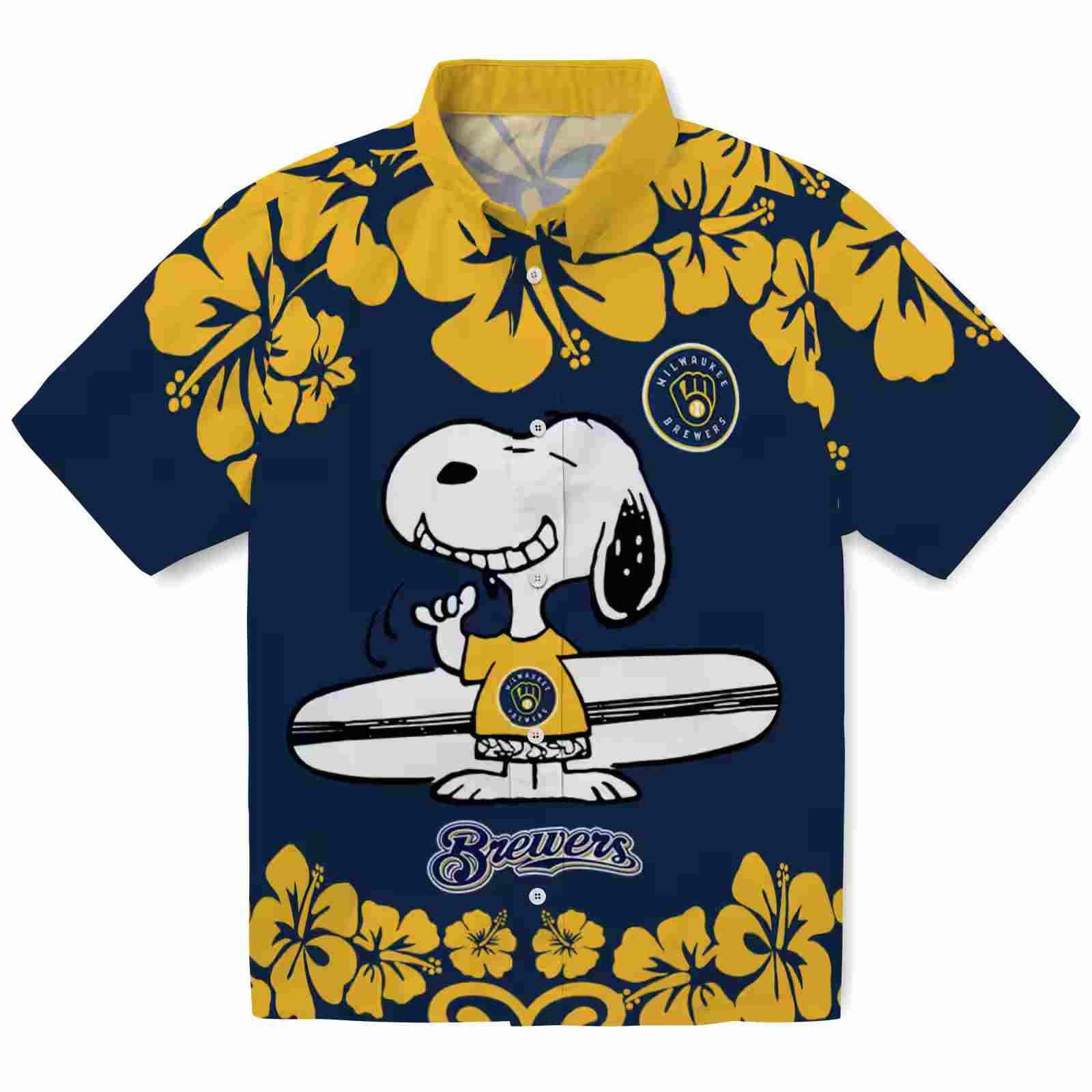 Milwaukee Brewers Snoopy Surf Navy Blue White Hawaiian Shirt